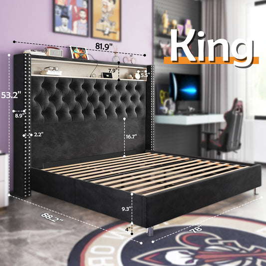 Albott Velvet Wingback Bed Frame with LED Charging Station - 53.2" Tall Tufted Headboard, Box Spring-Free, Effortless Assembly,Black