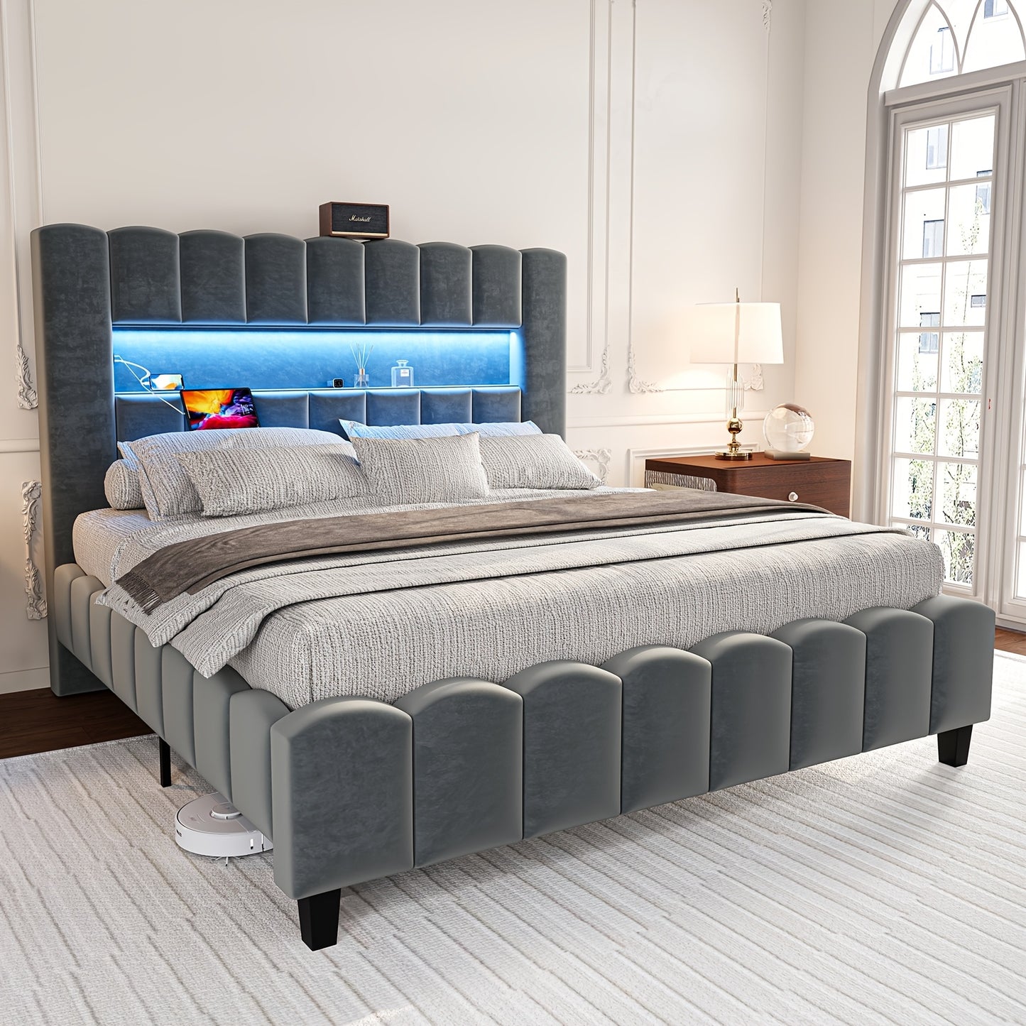 1pc PaPaJet Modern Velvet Platform Bed with LED-Lit Storage Headboard, High-Density Fiberboard & Hardwood Construction, No Electricity or Battery Needed