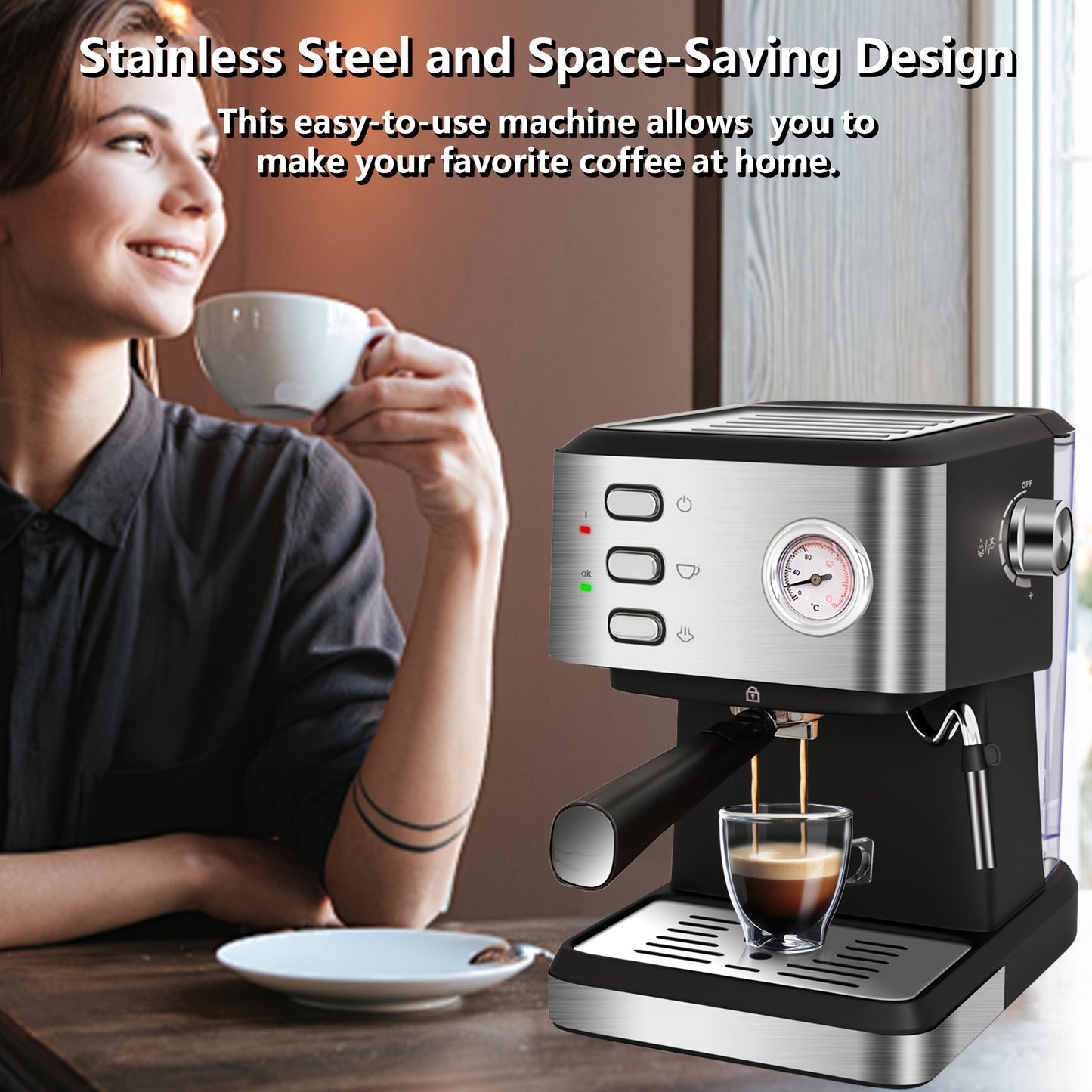 Espresso Machine 20 BAR, Cappuccino & Latte Machine With Built-In Milk Frother, One-Touch Single Or Double Shot, 1.5L Water Tank, Stainless Steel, Intelligent Temperature Control With Build-in Thermometer