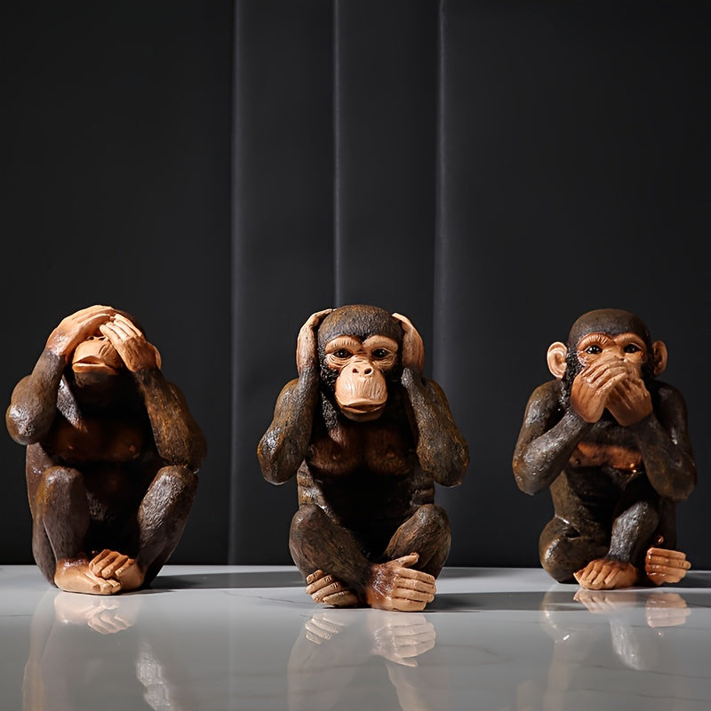 Set of Three Realistic Chimpanzee Figurines: Indoor/Outdoor Decorative Statues Made of Resin