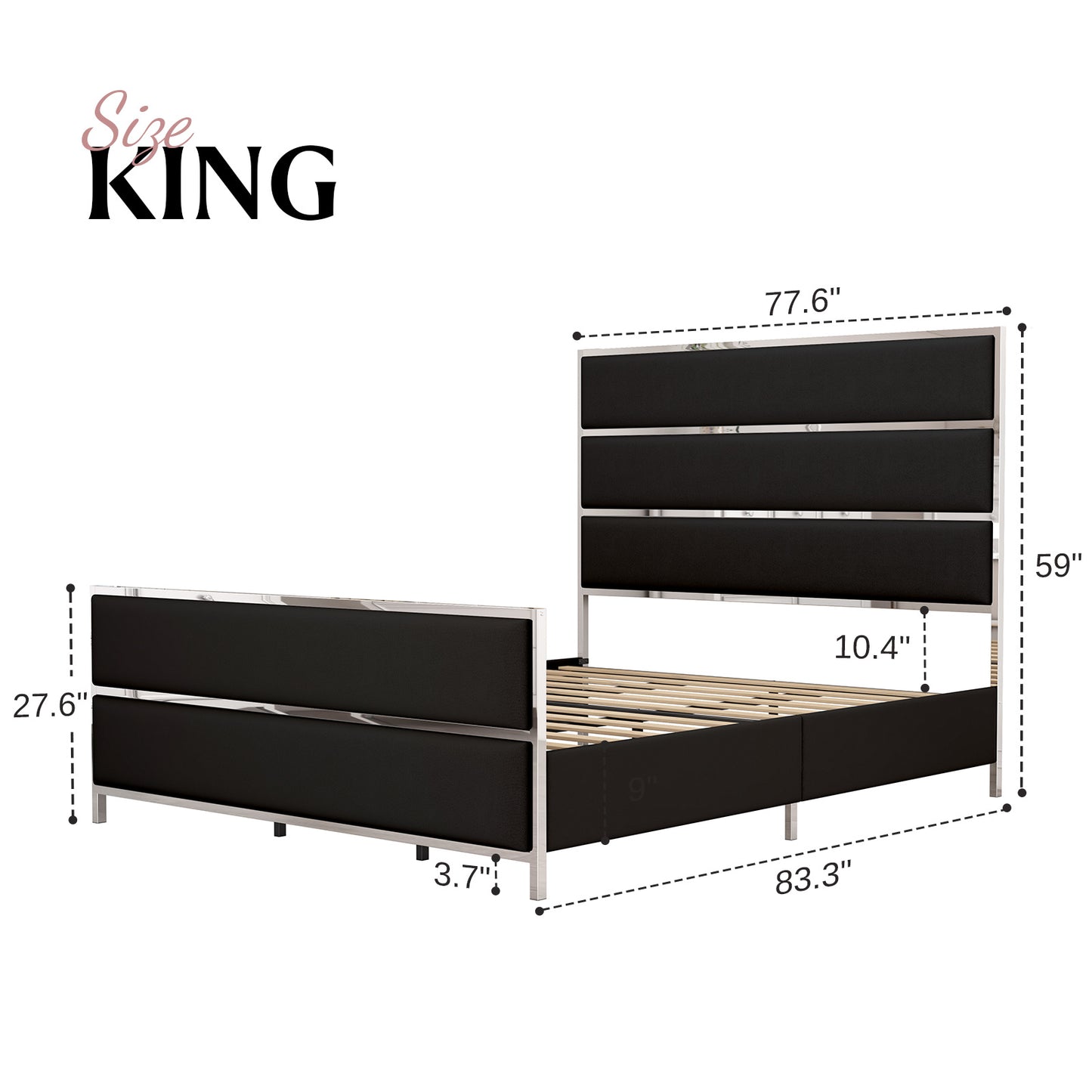 A Velvet Upholstered Platform Bed Frame comes with a 59" Tall Headboard and Footboard, emphasized by Silver Mirrored Plating - and a Box Spring is not necessary