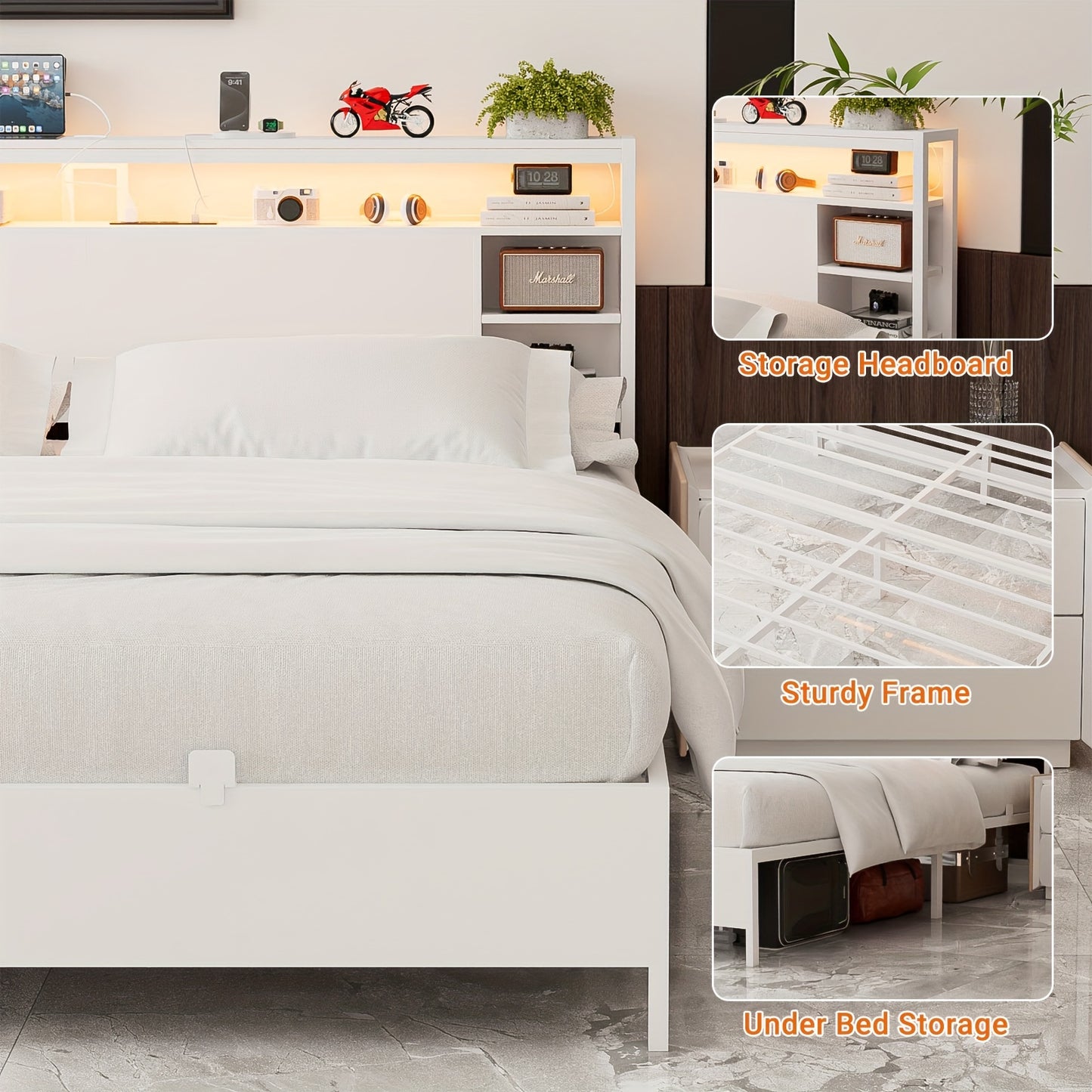 Unikito King Size Bed Frame With Storage Headboard, Power Socket And Smart LED Lights, Sturdy And Stable Platform Bed, Heavy Duty Metal Slats, Noise Free, No Box Spring Needed, Easy To Assemble, White