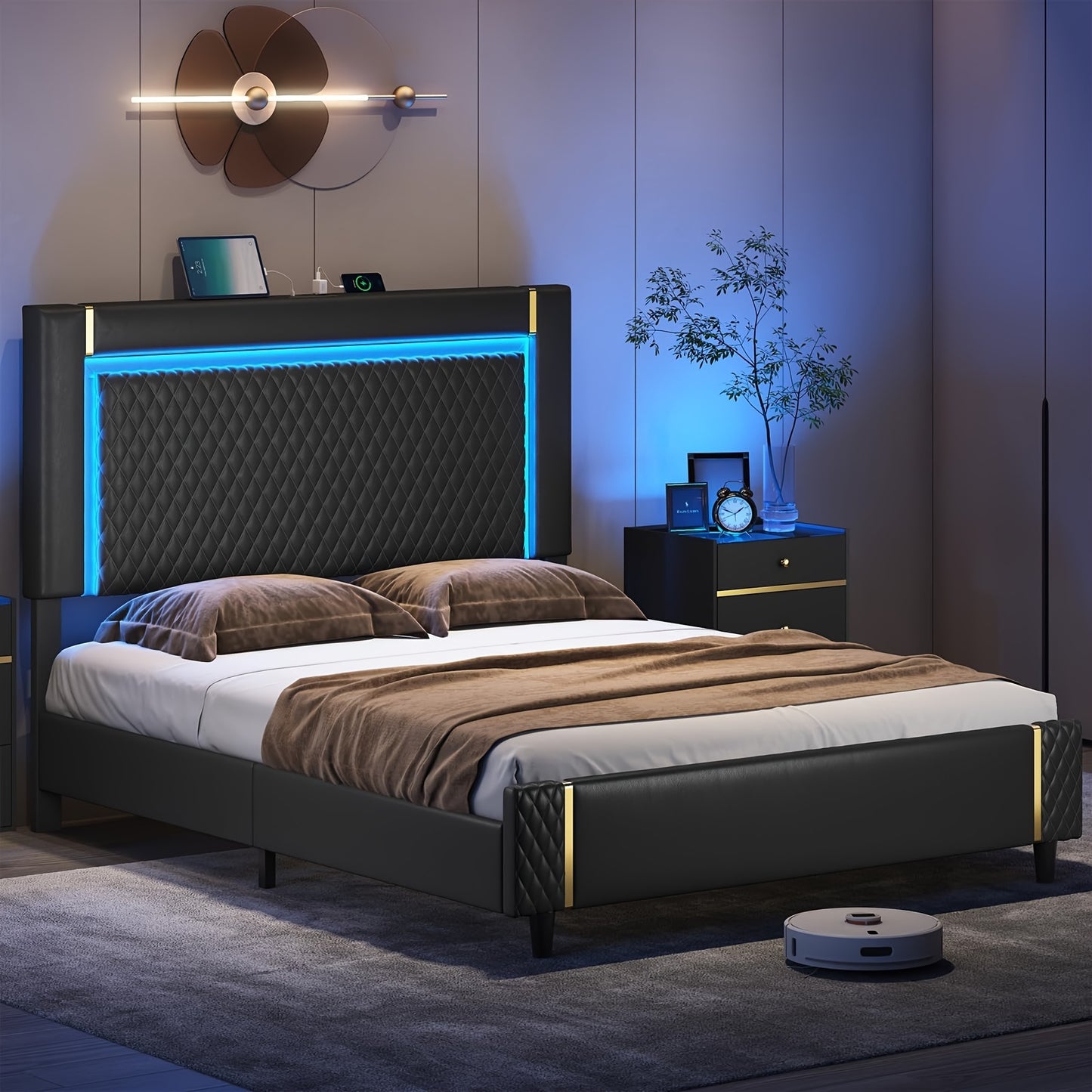 King Size Bed Frame With Tall Headboard PU Leather Platform Bed With LED Lights & Adjustable Headboard Black