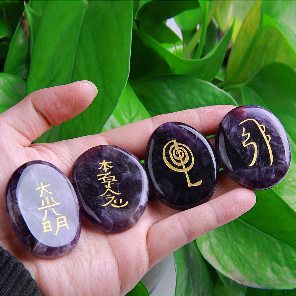 4pcs Natural Crystal Stones Engraved Chakra Symbols Polished Palm Stones for Reiki Crystal (Amethyst, Rose quartz, Green aventurine, Fluorite, Lapis, Black obsidian) -Beading&Jewelry Making