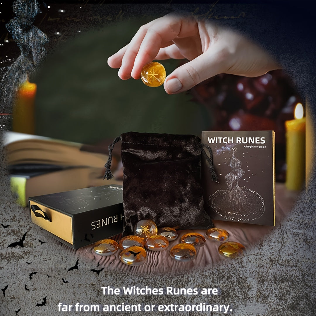 Witch Runes Set, Glass Divination Stones, 13-Piece Engraved Symbols with Guidebook and Storage Pouch, Party Supplies for Mystical Gatherings, Witchcraft Gift Kit for Adults Age 14+