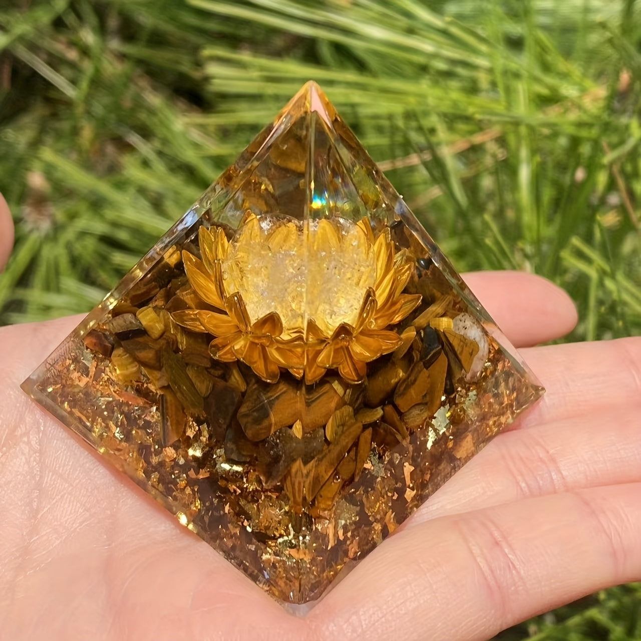 1pc Orgone Abundance Pyramid with Tiger's Eye & White Crystal - Attract Wealth, Prosperity & Success | Sparkling Golden Glitter Accents for Positive Energy & Spiritual Growth | Ideal for Home Decor & Good Luck Charm