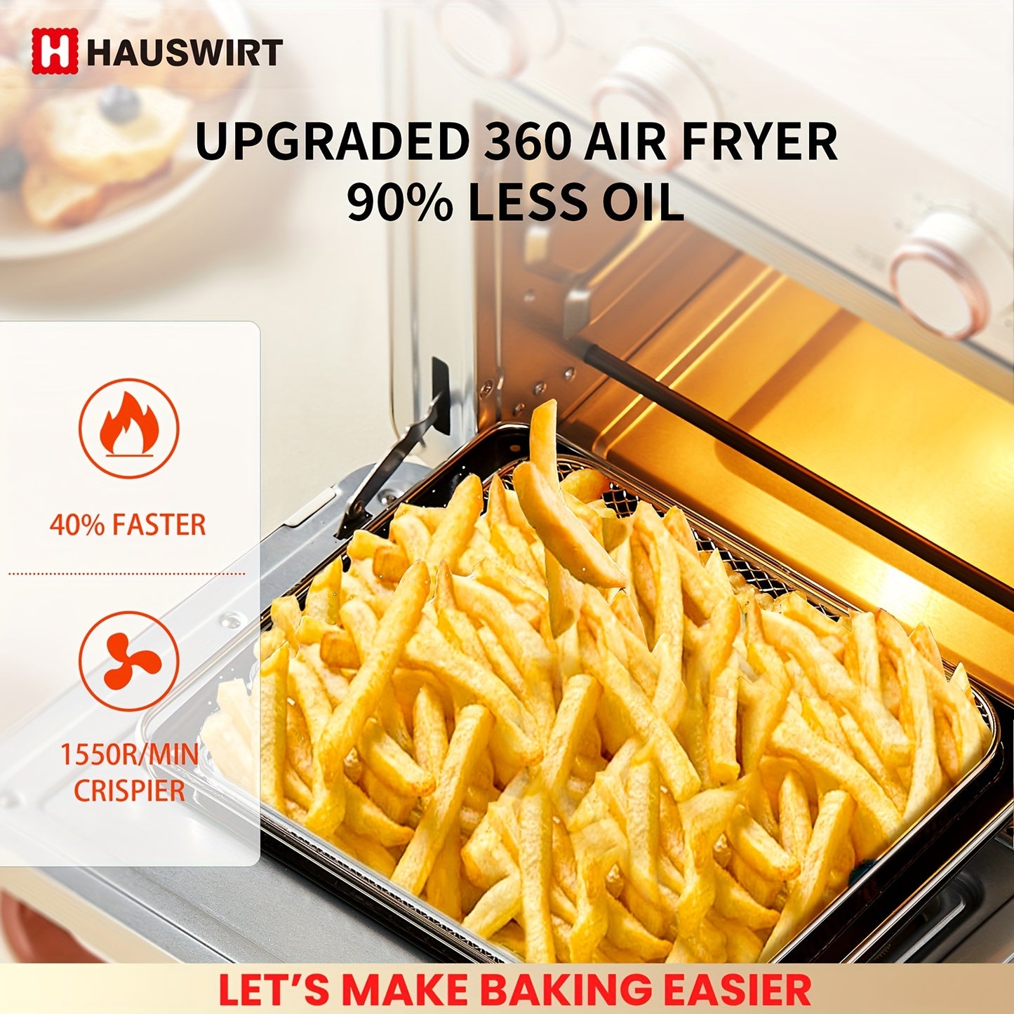 Hauswirt Air Fryer Conventional Oven K3, 6-in-1 Combo, 19L Extra Capacity Air Fryer, Baking And Frying Integrated, 1250 Watts, 150°F - 450°F, Non-Stick, Stainless Steel, Online Recipe Booklet