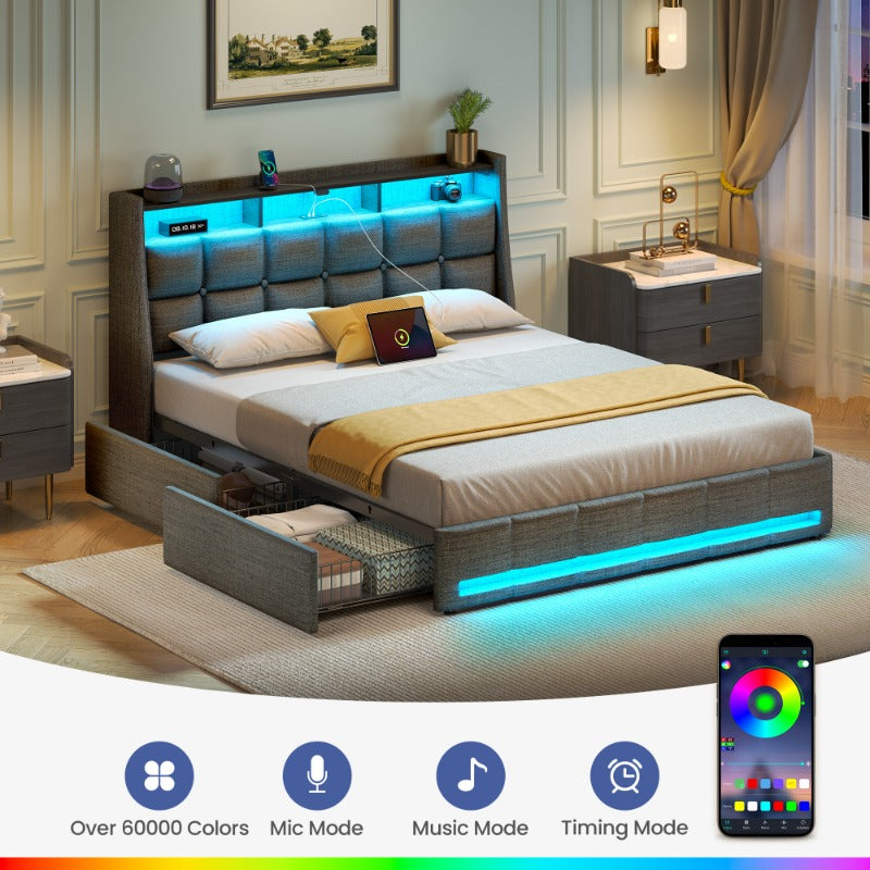 Bed Frame, Storage Headboard with Charging Station & LED Lights Bed Storage Headboard & Drawers, Heavy Duty Wood Slats, Easy Assembly