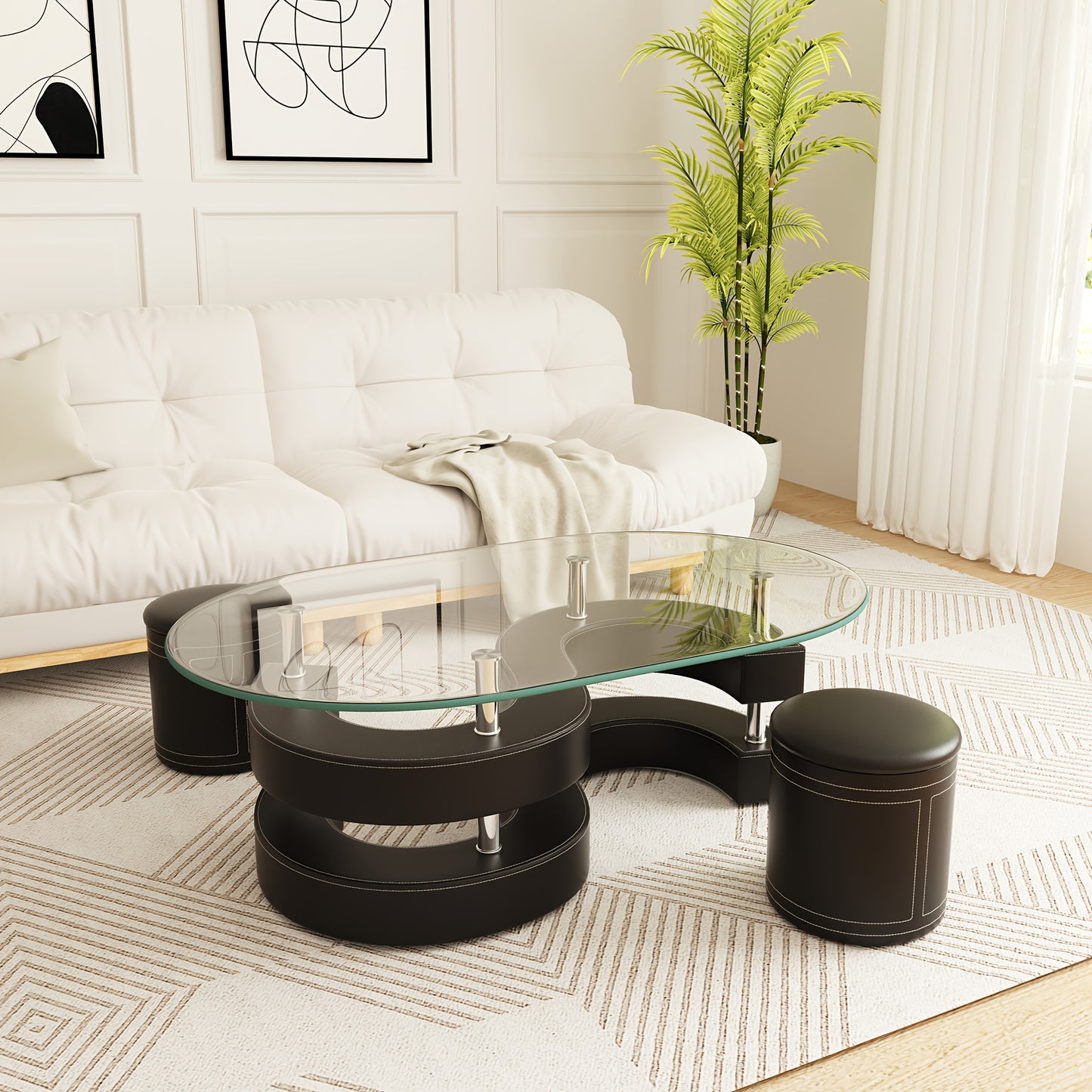 Modern Glass Coffee Table Set Of Three, Including 0.39-inch Thick Oval Coffee Table And 2 Leather Stools, S-shaped Design Living Room Center Table, Maximum Load-bearing Capacity 220 Pounds, Suitable For Living Room, Bedroom,