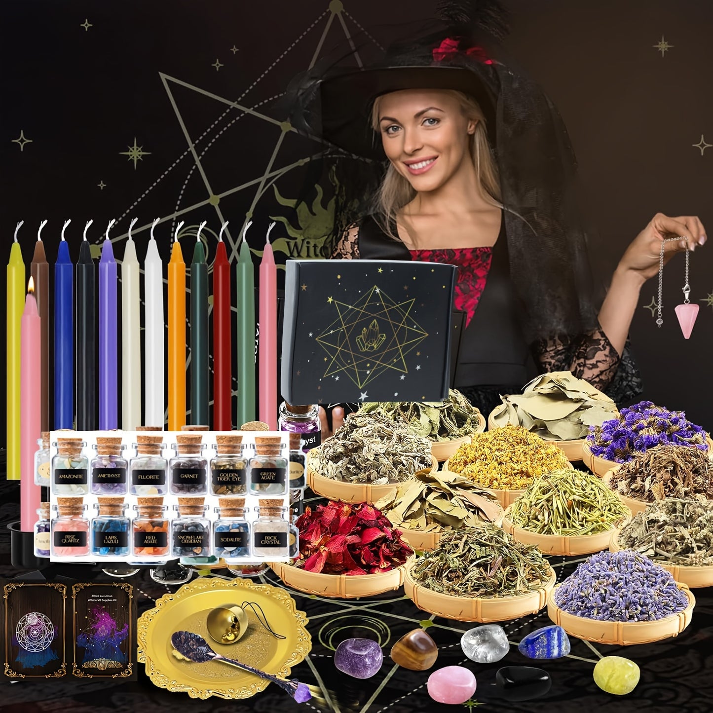 51PCS Witchcraft Starter Kit - Complete Ritual Set With Aromatic Candles, Natural Crystal 7 Chakra, Jars, Herbs, Guided Spells And Essential Tools For Creating A Sacred Witch Altar - Ideal For Beginners And Seasoned Practitio