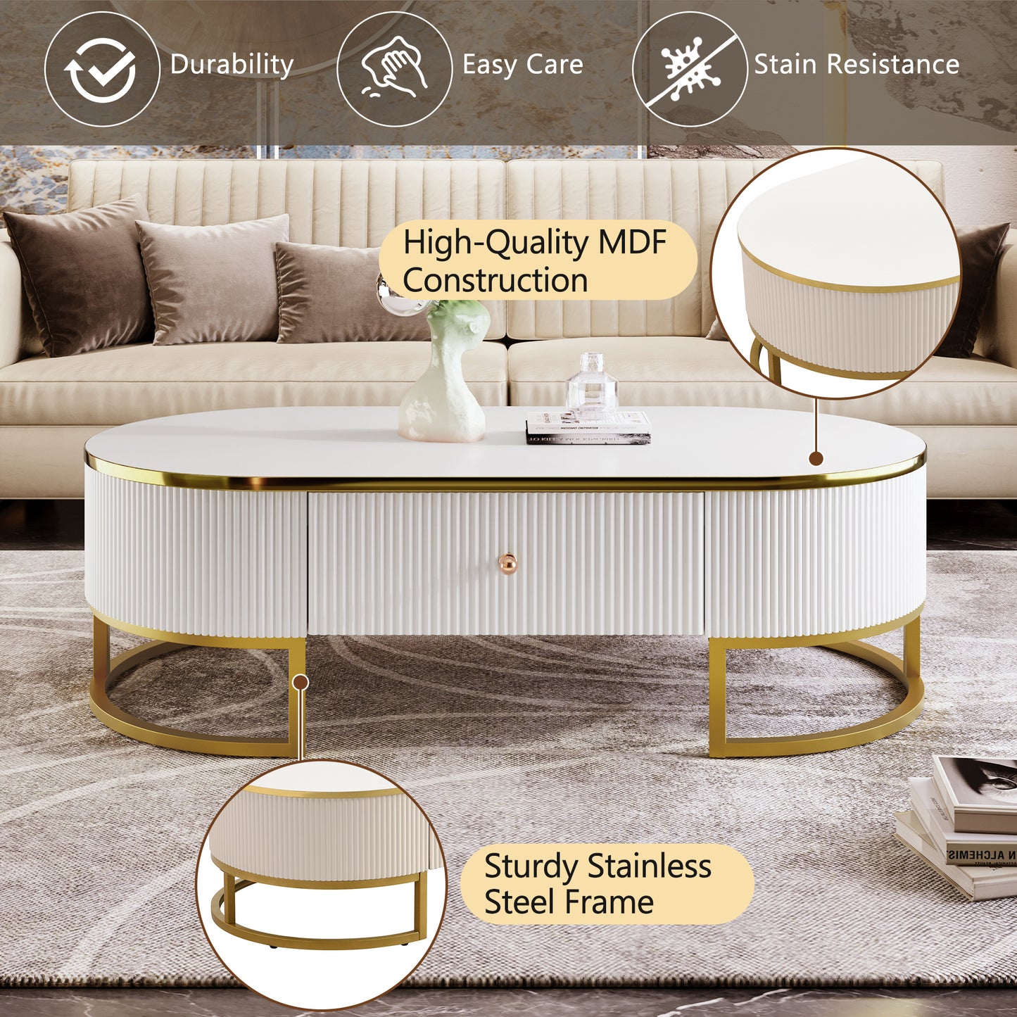 [1 Modern Oval Coffee Table] Thcbme Modern Oval Coffee Table, Wood Frame & Top, Space-Saving Curved Profile Design, with 2 Large Drawers, Golden Metal Accents, for Living Room, Office, Bedroom - White & Golden