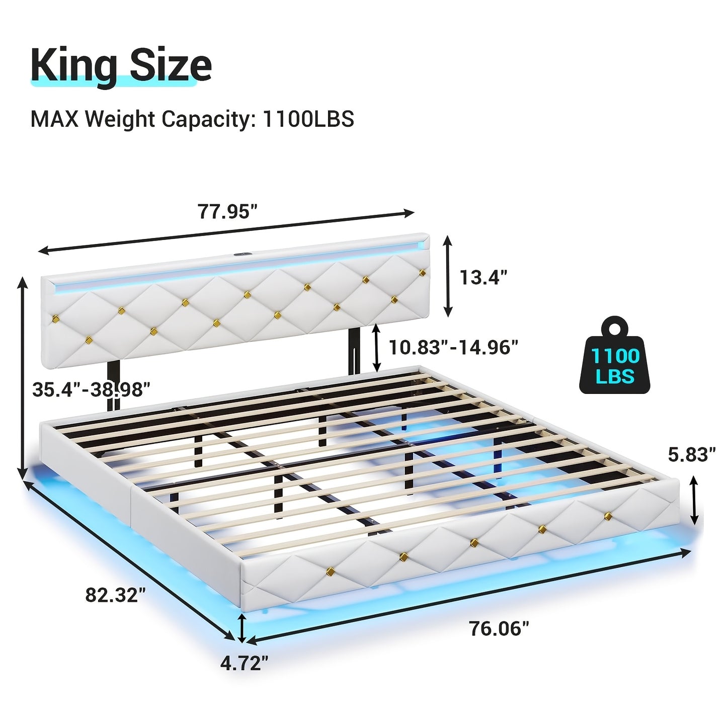 King Bed Frame With LED Light And USB Port, LED Bed Frame With Headboard Faux Leather Low Profile Floating Bed Frame, White