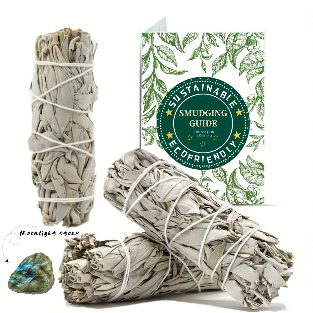 1set White Sage Bundles With Natural Moonstone Gem For Home Cleansing, Smudging, Bohemian Crystal Kit For Rituals