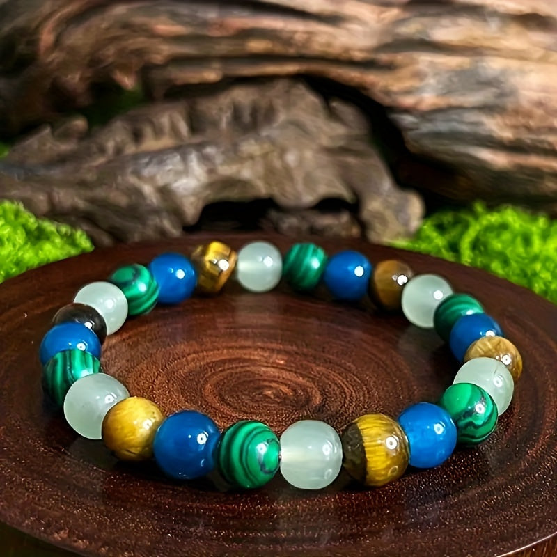 Lucky Charm Bracelet - 8mm Tiger Eye & Malachite Gemstones, Wealth Attraction Jewelry, Stretch Jewelry, Good Luck