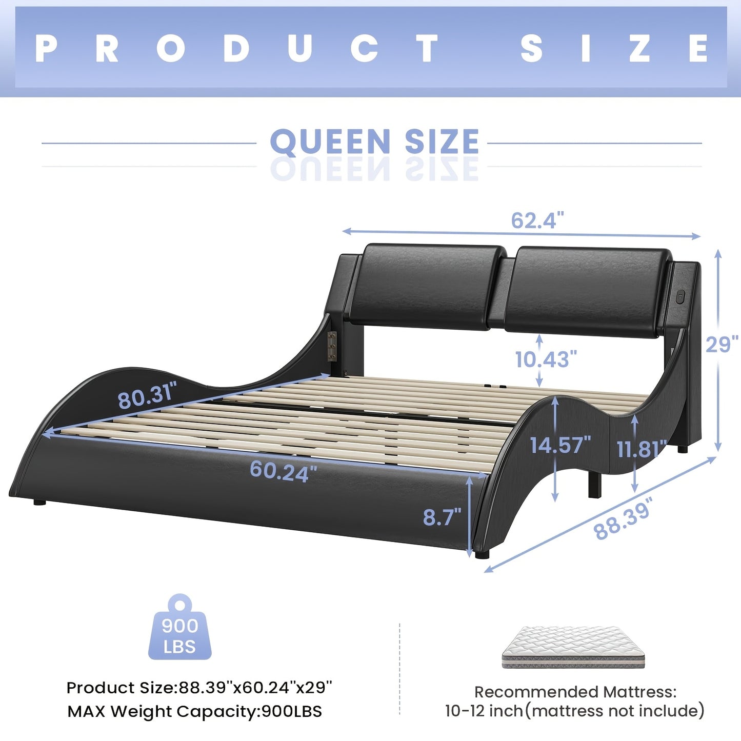 Modern Black Bed Frame with RGB LED Lights, USB & Type-C Ports - Easy Assembly, Faux Leather Wave Design Headboard