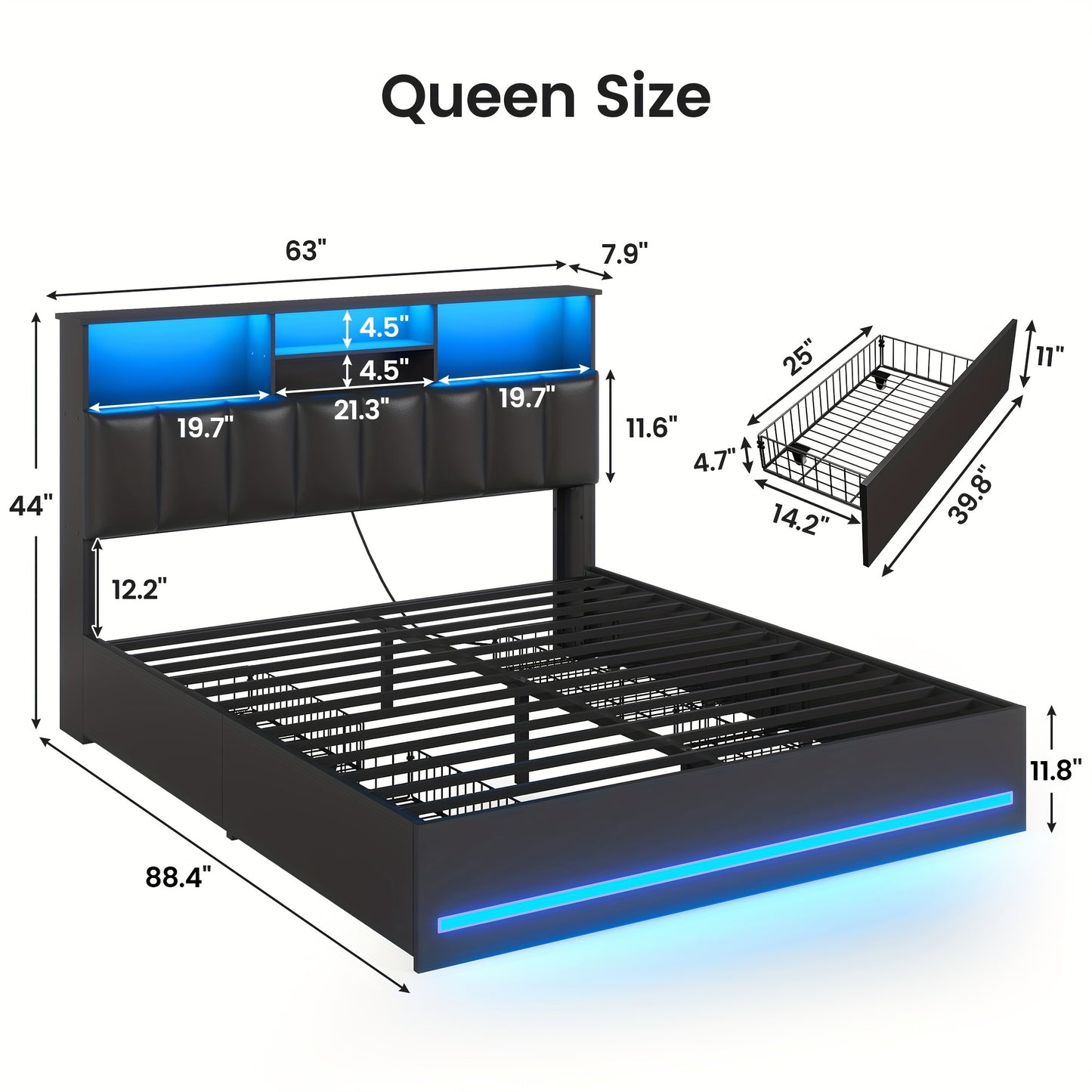 [Compact Storage] Queen Size Black Bed Frame with LED Headboard & 4 Storage Drawers - Modern Style, Metal Construction, Plug-In Power, Ideal for Organizing Bedroom Essentials