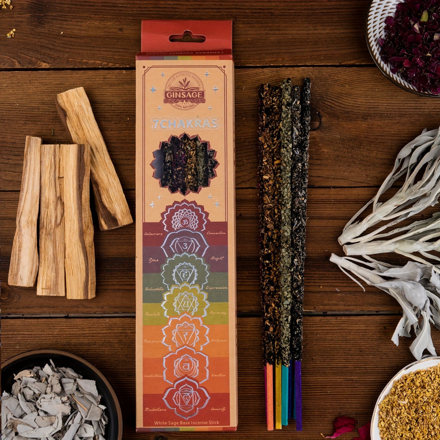 The Herbal Incense Stick Seven Chakra Series Is Made of White Sage, Peruvian Holy Wood, Blue Sage, Rosemary, Lavender, Eucalyptus Leaves, Osmanthus, Cinnamon, And Dark Red Roses (Due to Long-Distance Transportation, The Dregs