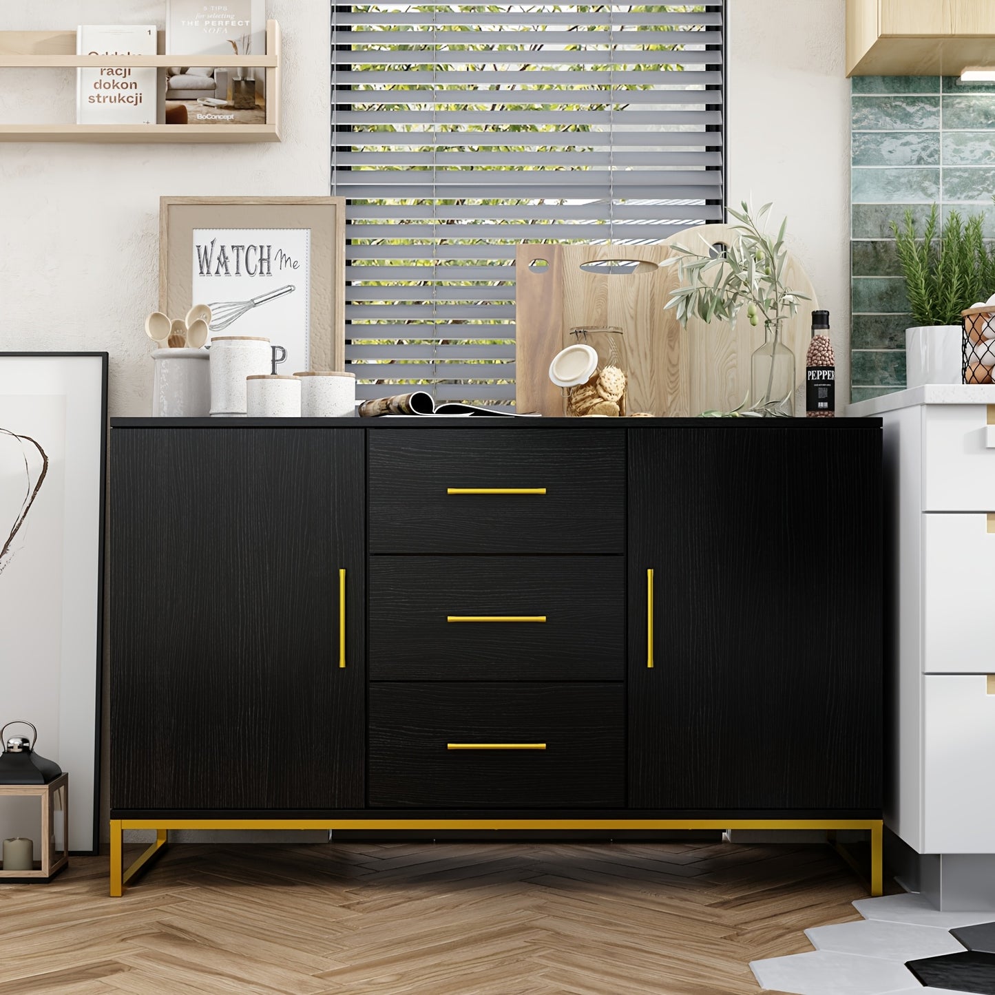 ECACAD 47" Modern Black Buffet Sideboard with Golden Accents, 2 Doors & 3 Drawers - Spacious Storage and Display Cabinet for Kitchen, Living Room, Home Office, Kitchen Decor