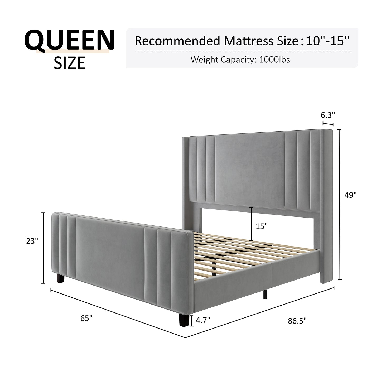 Velvet Upholstered Platform Bedstead with Vertical Channel Tufted Headboard, Footboard and Wingback, Wood Slats Mattress Groundwork, No Box Spring Necessary