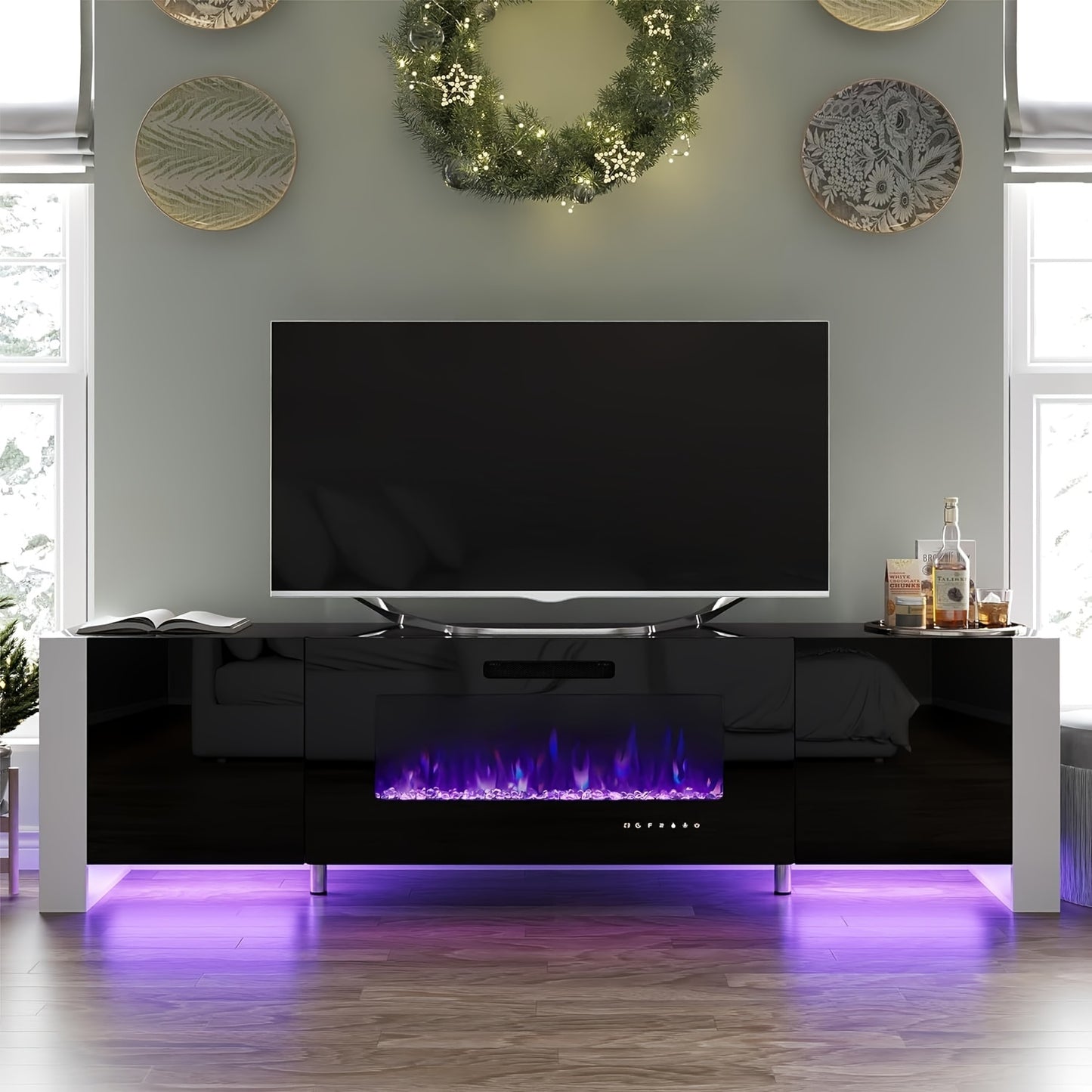 Modern 80" Black TV Stand with Built-In Electric Fireplace - High Gloss Finish, LED Lights, Durable Wood Construction