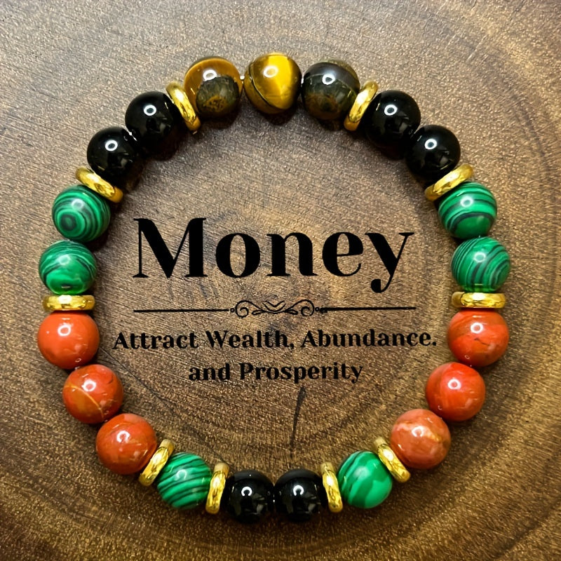 1pc Tiger Eye & Malachite Elastic Bracelet with Red Jasper Beads for Daily Wear, Holiday Gifts for Family and Friends