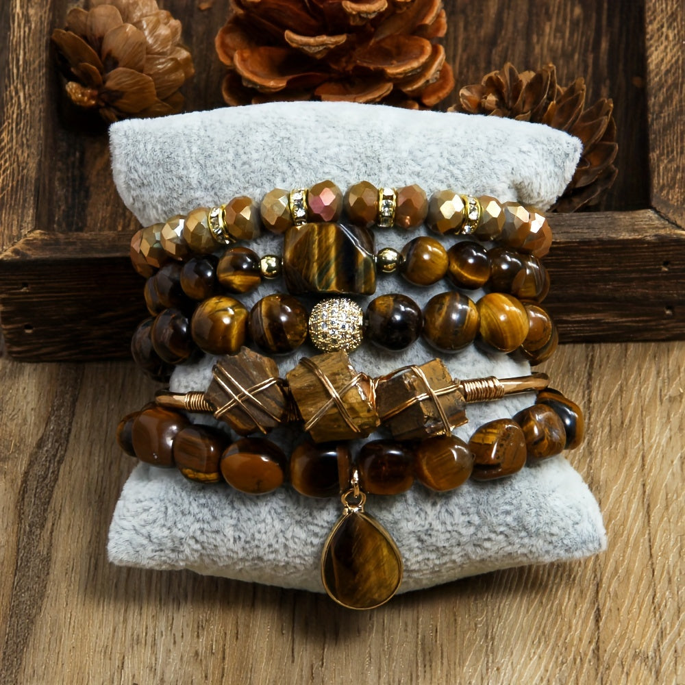 [Popular Choice] Bohemian Layered Women's Jewelry Set - 5pcs Natural Stone and Glass Beaded Elastic Bracelets with Irregular Tiger Eye and December Birthstone, Perfect for Daily Wear or Gifting, Perfect for Thanksgiving