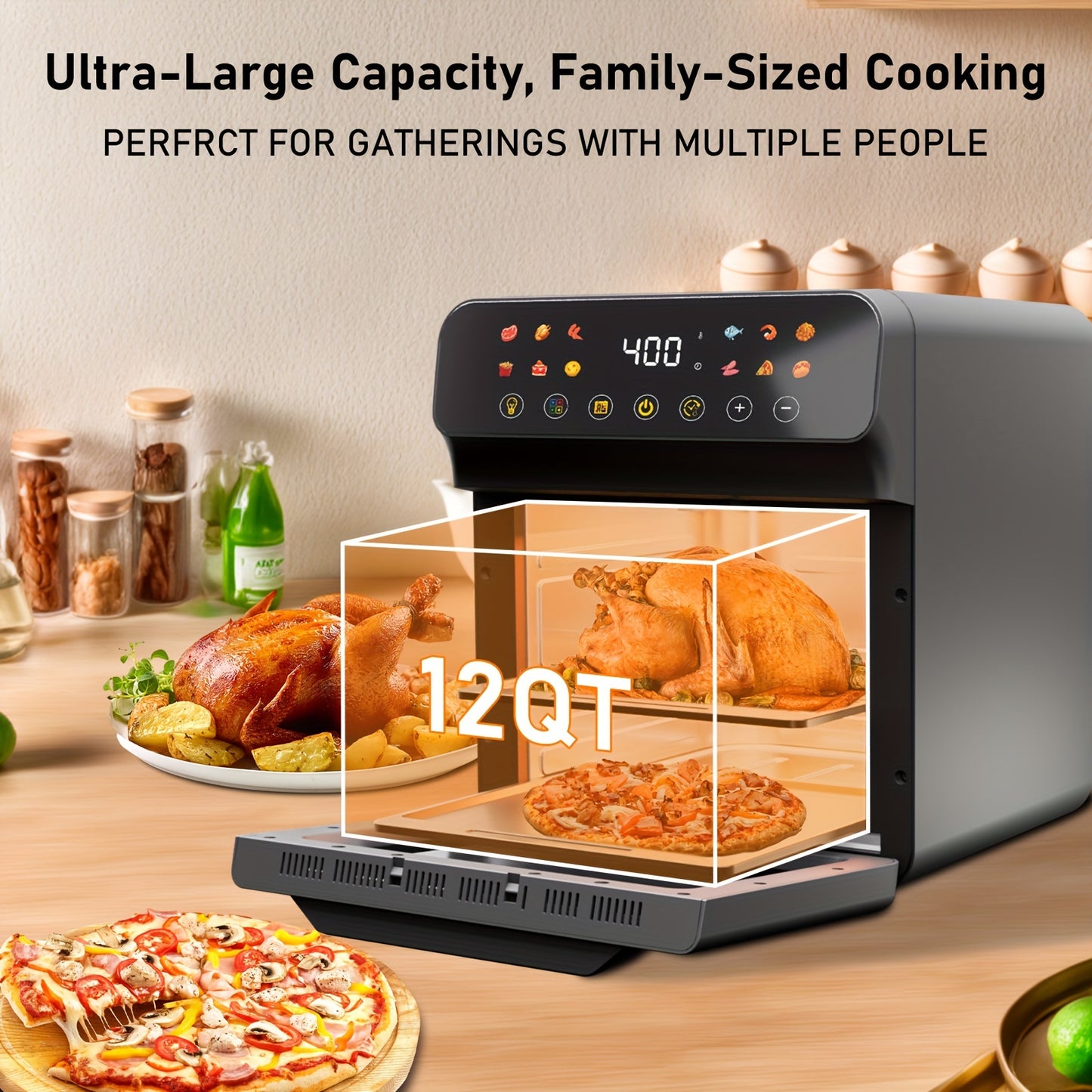 12QT Air Fryer Convection Oven with 10-in-1 Multi Function, Visible Window, Touchscreen, Healthy Choice, Easy to Clean, One-Touch Operation, Grey