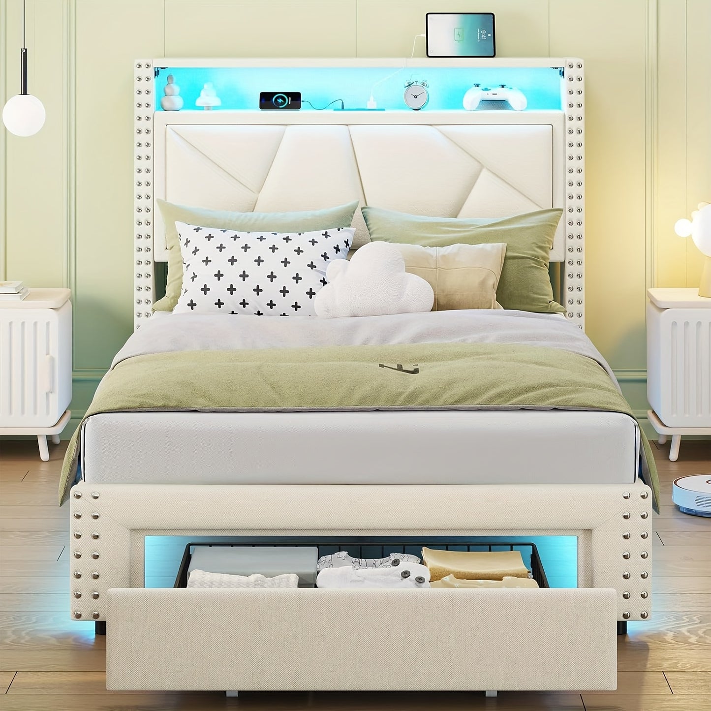 MSmask Twin Size Elegant Bed Frame with Shelf Headboard & 2 Storage Drawers, Upholstered Platform in Cream White/Dark Grey - Modern Metal Design with Charging Station & LED Lights, Sturdy & Secure for a Peaceful Sleep, MSMASK