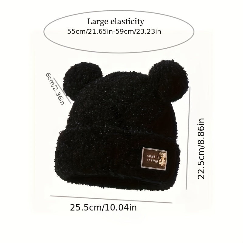 Cozy Plush Bear Beanie for Women - Thick, Warm Winter Hat with Ear Protection, Cute Cartoon Design, Lightweight, Knit Acrylic, Perfect Christmas Gift, Available in Brown and White