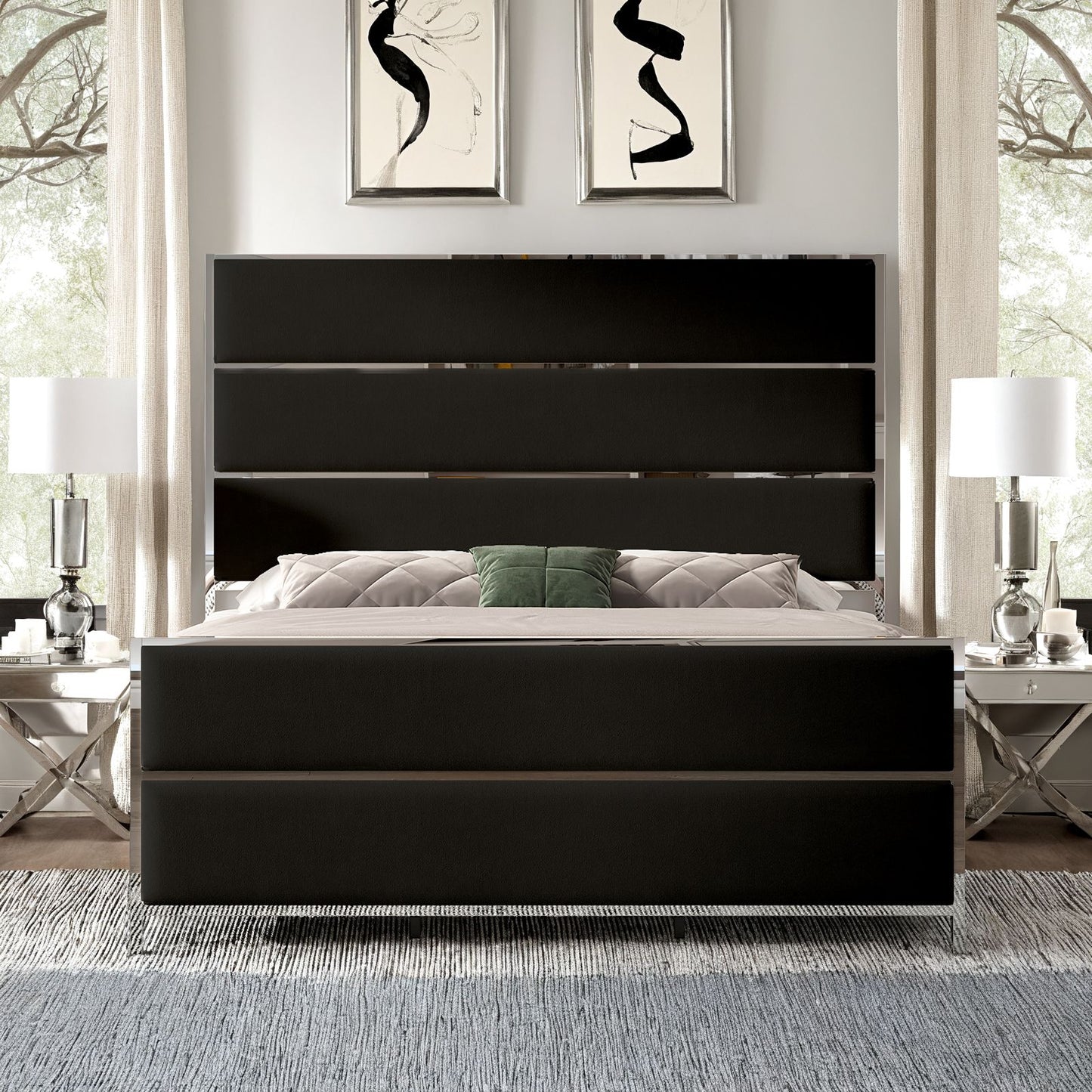 A Velvet Upholstered Platform Bed Frame comes with a 59" Tall Headboard and Footboard, emphasized by Silver Mirrored Plating - and a Box Spring is not necessary