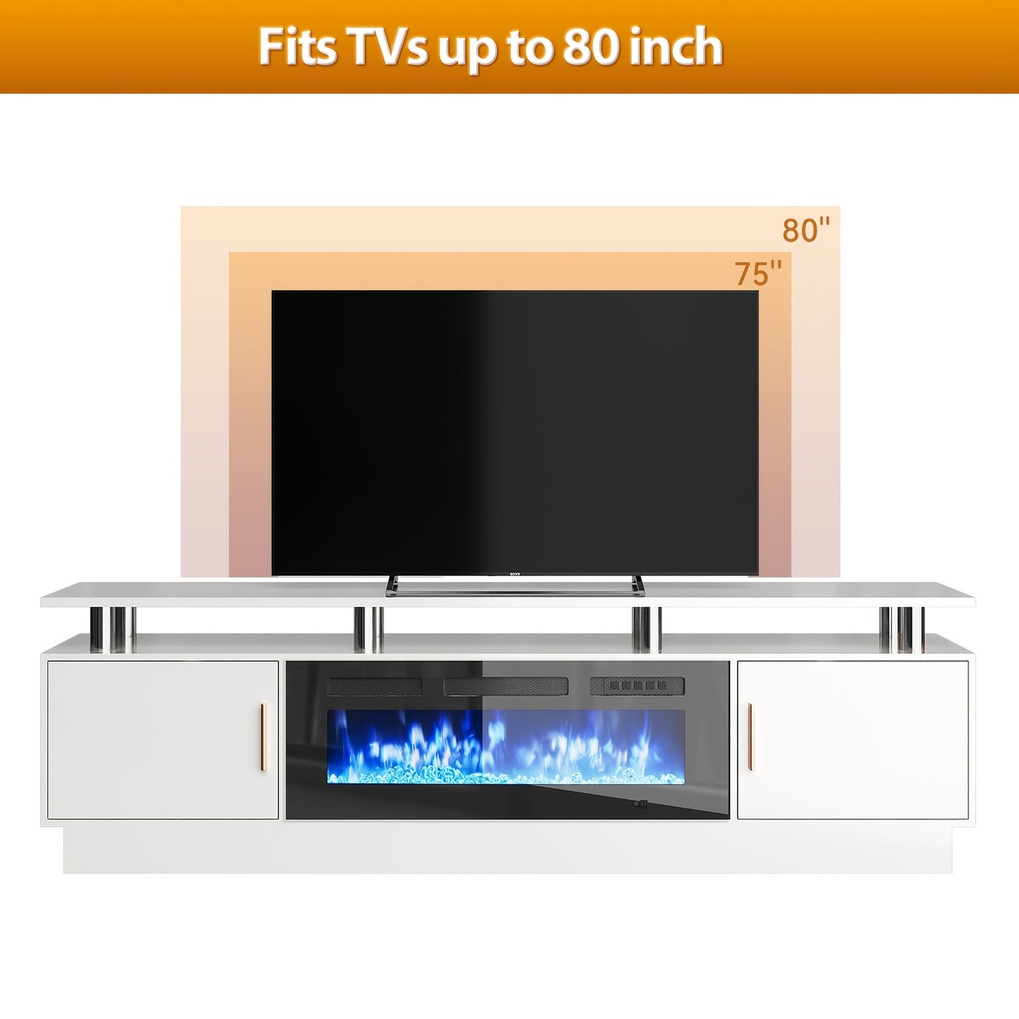 70"/80" Modern Electric Fireplace TV Stand For TVs Up To 80 Inch, With Electronic Flame And LED Lights, Luxury High Gloss Finish Entertainment Center For Living Room, White