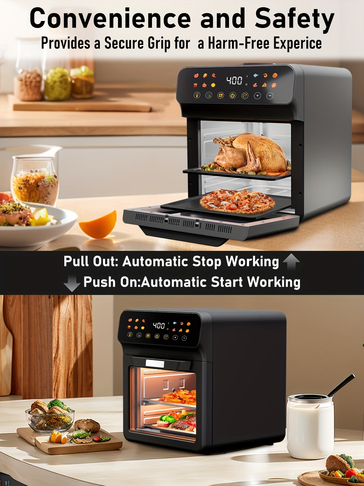 12QT Air Fryer Convection Oven with 10-in-1 Multi Function, Visible Window, Touchscreen, Healthy Choice, Easy to Clean, One-Touch Operation, Grey