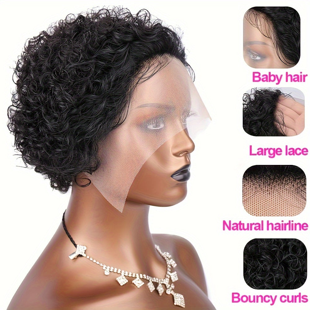 Pixie Cut Wig Short Curly Lace Front Human Hair Wigs for  Women Brazilian Water Wave 13x1 Transparent Lace Wigs (1B# 99J  T1B/99J)