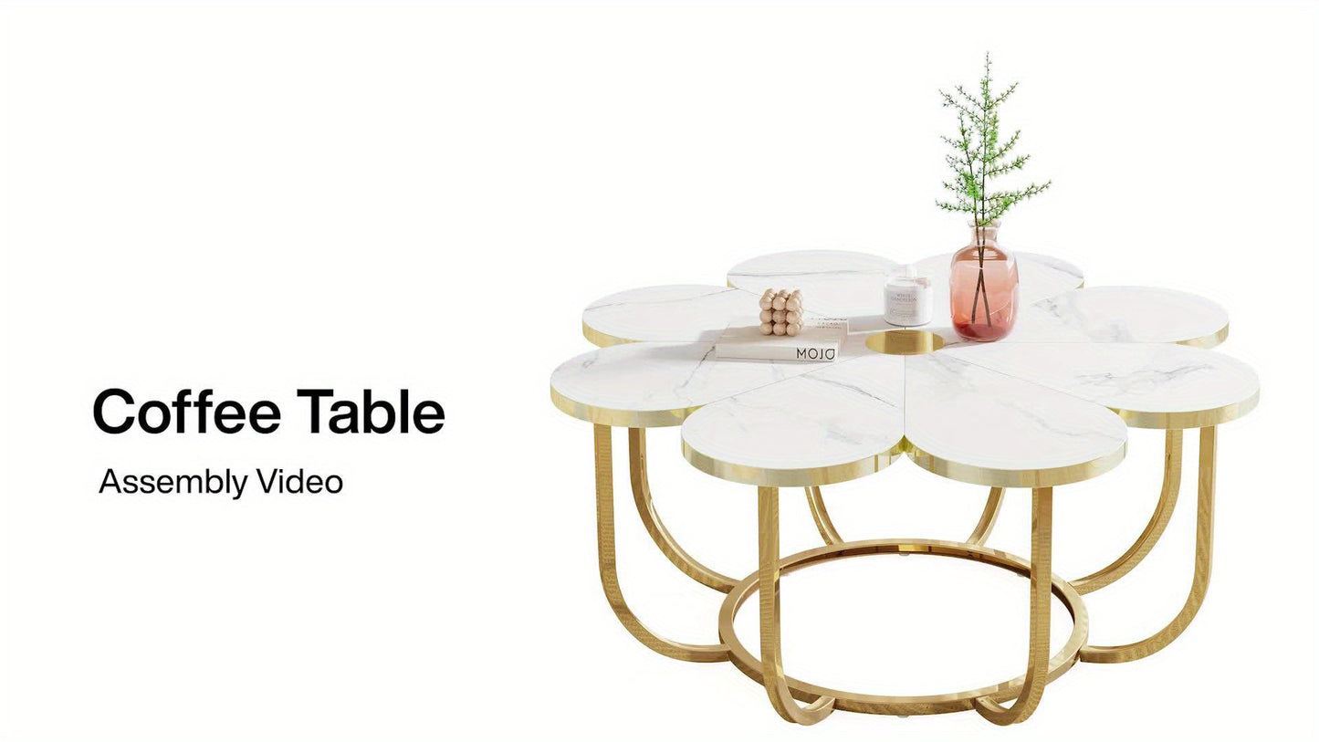 Petal shaped living room central coffee table, modern white Golden decorative table, 39.37 inch floral center table, suitable for living room, bedroom, and lounge, uniquely designed furniture, living room furniture.