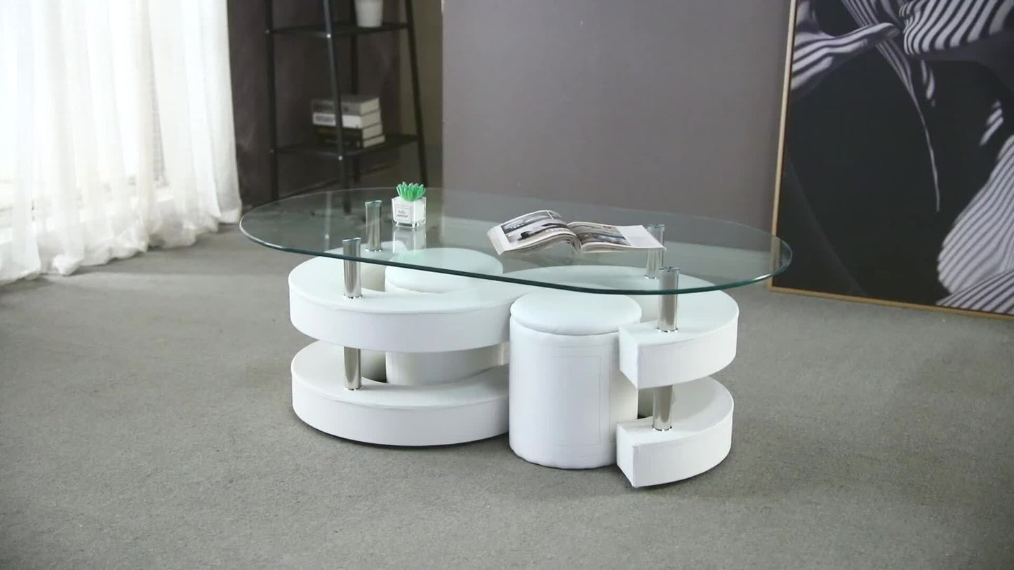 Modern Glass Coffee Table Set Of Three, Including 0.39-inch Thick Oval Coffee Table And 2 Leather Stools, S-shaped Design Living Room Center Table, Maximum Load-bearing Capacity 220 Pounds, Suitable For Living Room, Bedroom,