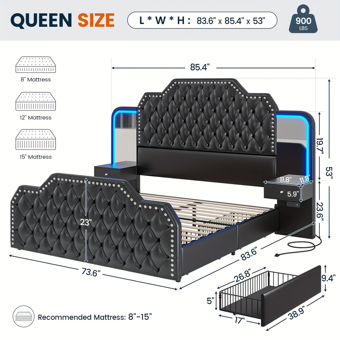 Queen Size Bed Frame with Headboard and 4 Storage Drawers, Modern Platform Bed Frame with 2 Mirrored Bedside Tables