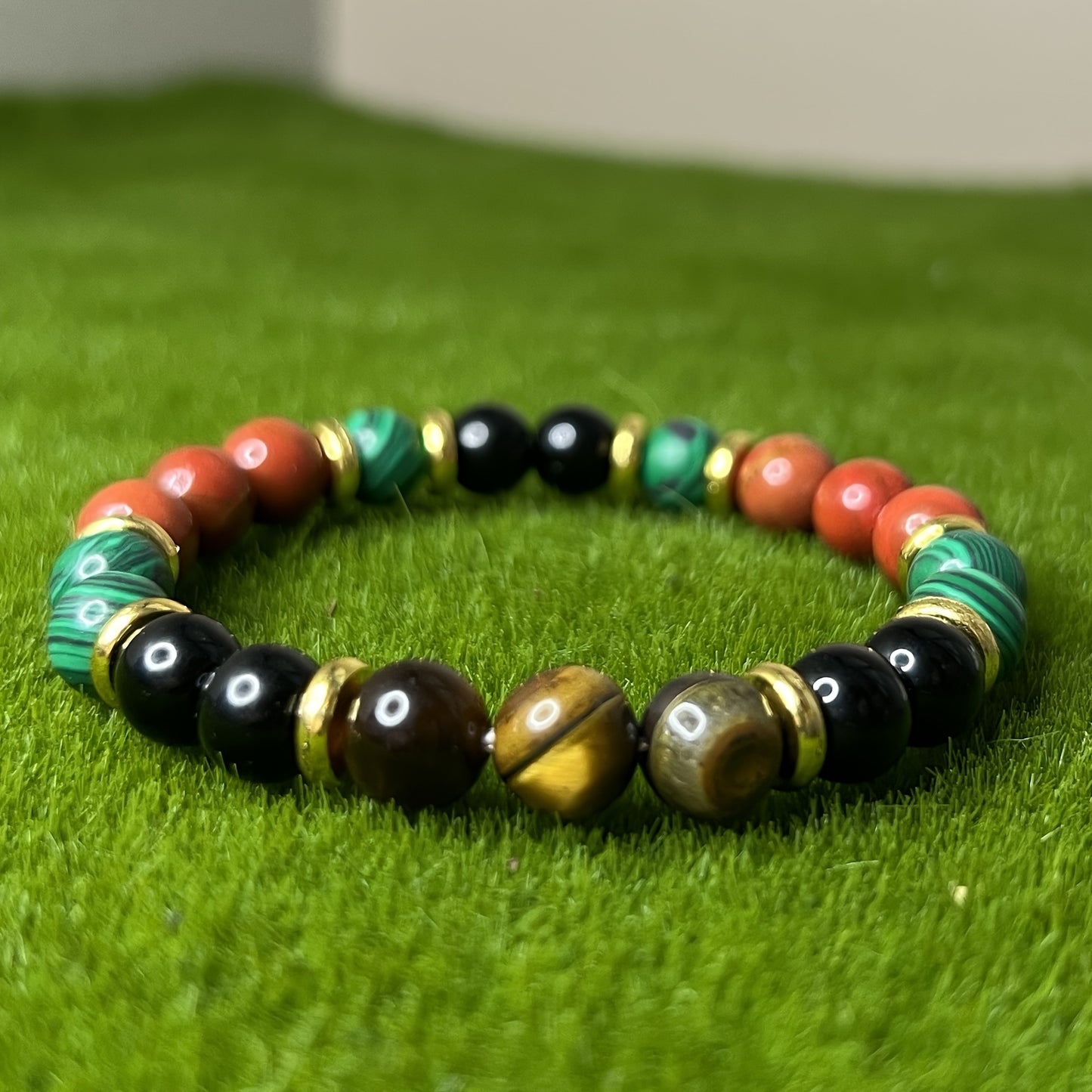 1pc Tiger Eye & Malachite Elastic Bracelet with Red Jasper Beads for Daily Wear, Holiday Gifts for Family and Friends