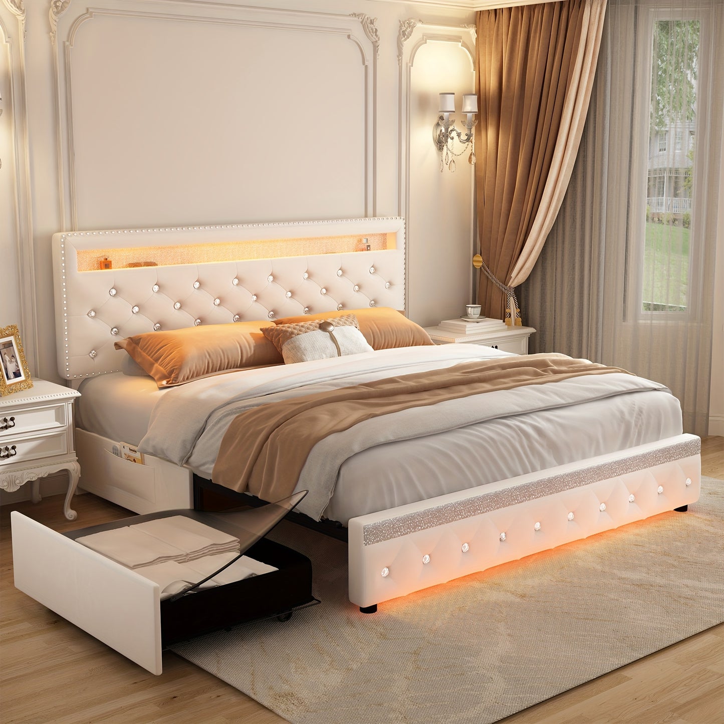 Sibeds Queen Size Bed Frame With LED Lights, Upholstered Bed Frames Full With 2 Storage Drawers, King Size Platform Bed With Adjustable Crystal Button Tufted Headboard, No Box Spring Needed, PU Luxury Beds Girls Men's Bedroom