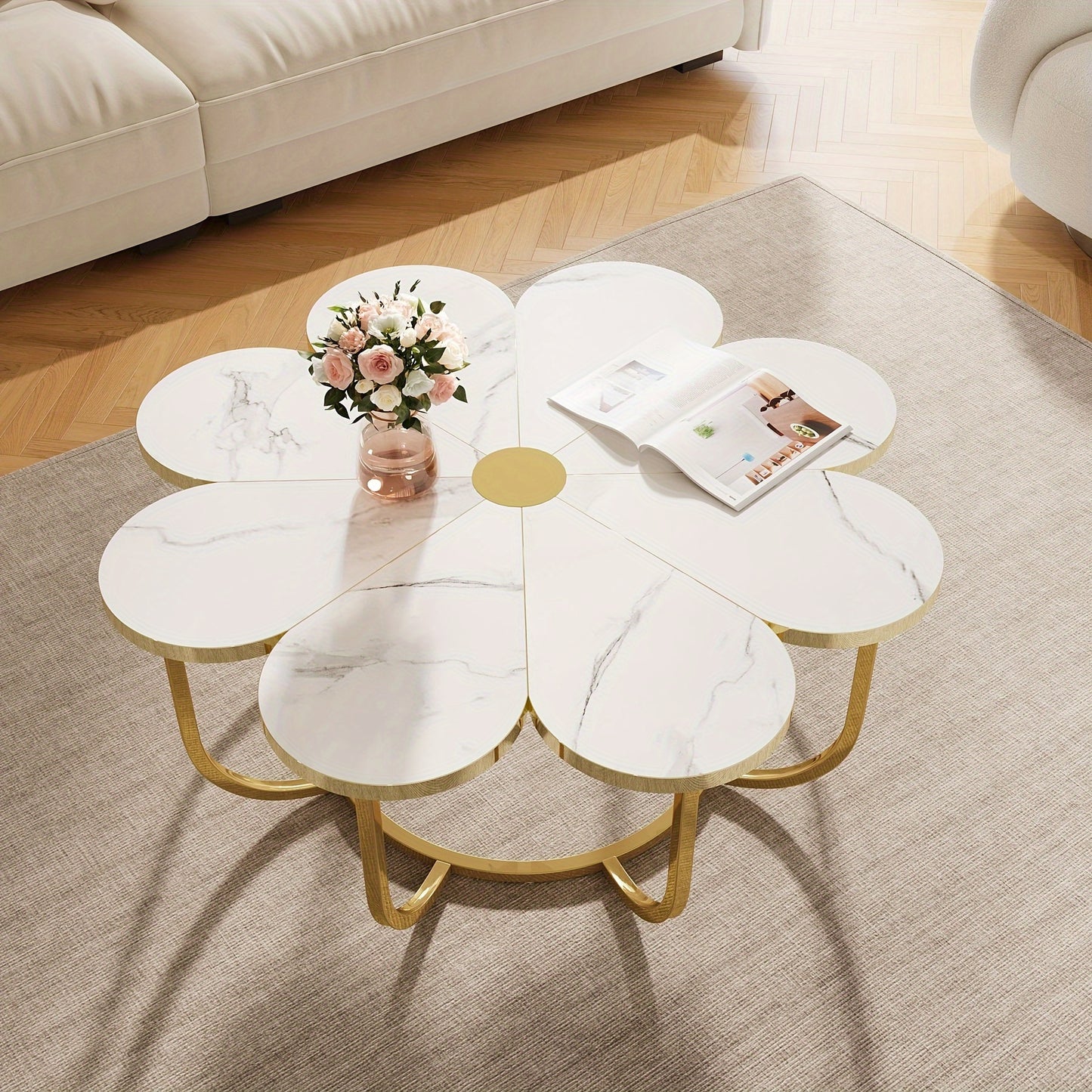 Petal shaped living room central coffee table, modern white Golden decorative table, 39.37 inch floral center table, suitable for living room, bedroom, and lounge, uniquely designed furniture, living room furniture.