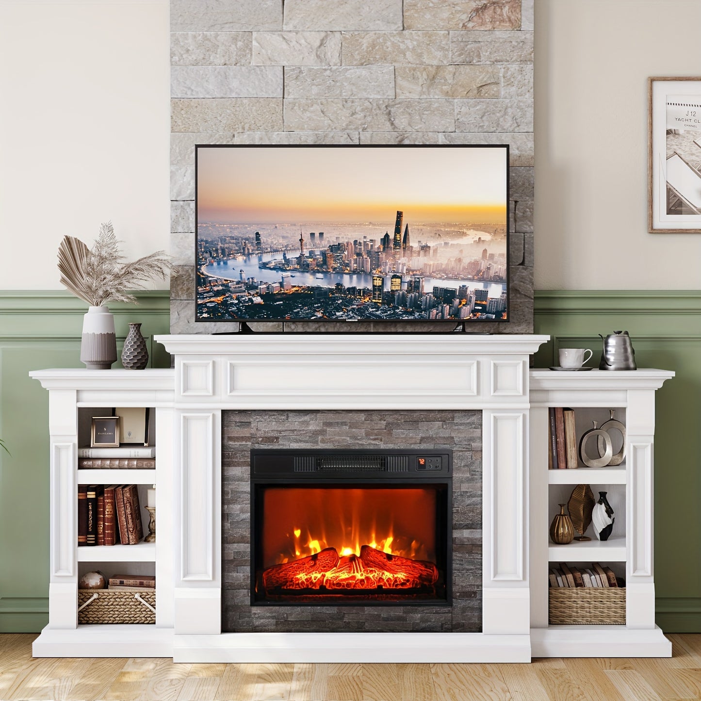 72" Electric Fireplace With Mantel, Fireplace TV Stand For TVs Up To 80 Inch, 1400W, Freestanding, Remote Control, Timer, Realistic Log And Flame Effect, Adjustable Temperature & Brightness For Home Bedroom Living Room Indoor