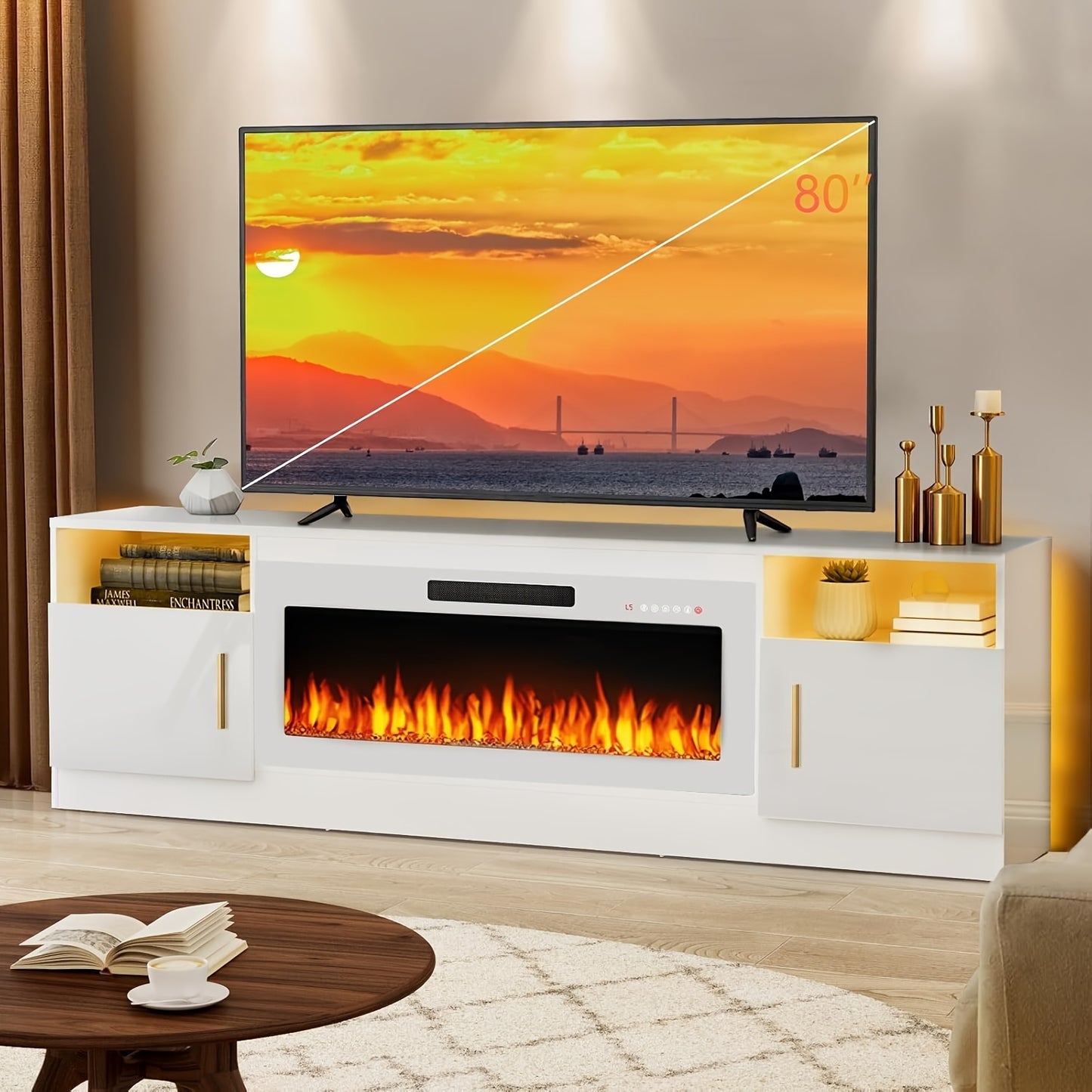 Lemberi Fireplace tv Stand with 36 inch Fireplace Up to 80" TVs, LED Light Entertainment Center and Storage, 70" Modern Wood Media TV Console with Highlight Cabinet for Living Room