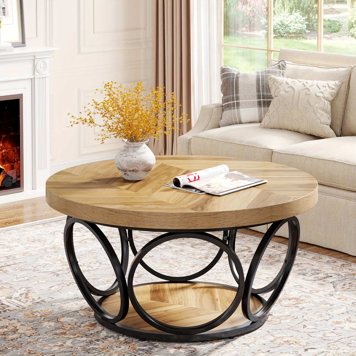 Coffee Table For Small Space, 31.5" Round Wood Center Table, Farmhouse Large Circle Coffee Tables With 2-Tier Storage, Modern Simple Brown Tea Table