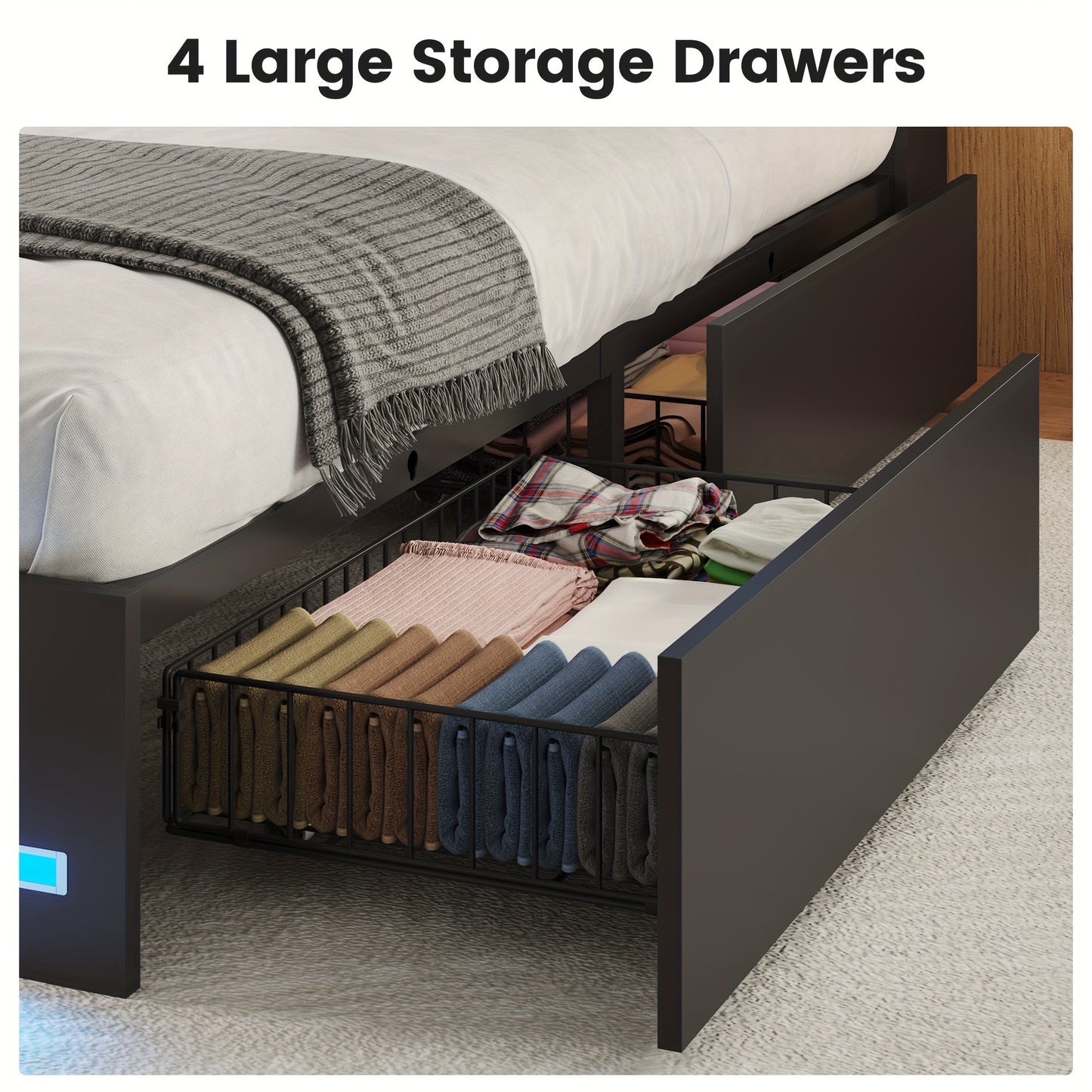 [Compact Storage] Queen Size Black Bed Frame with LED Headboard & 4 Storage Drawers - Modern Style, Metal Construction, Plug-In Power, Ideal for Organizing Bedroom Essentials