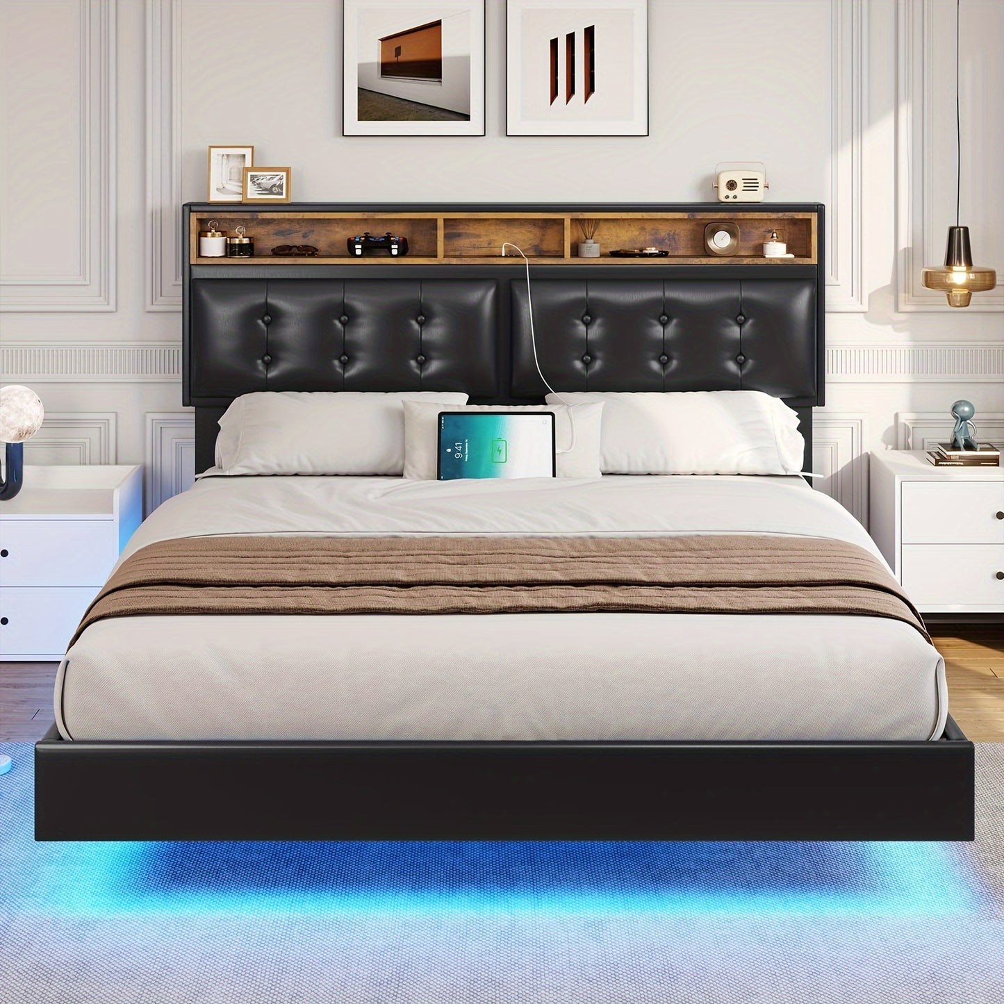 Full Floating Bed Frame With Led Lights And Charging Ports Modern Visual Floating Platform Bed Full Size With Storage And Tufted Buttons Headboard, Faux Leather, No Box Spring Needed, Black