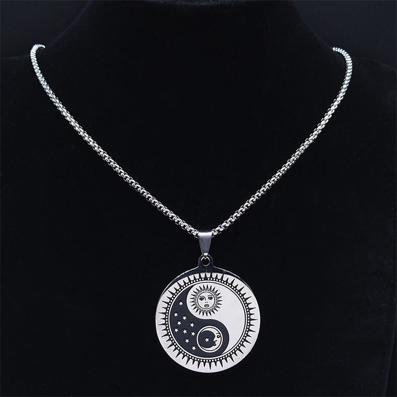 Stainless Steel Yin Yang Tai Chi Sun & Moon Pendant Necklace - Fashionable Chinese Style Amulet with Starry Night Design, Durable 316L Stainless Steel Chain, Sun And Moon Jewelry