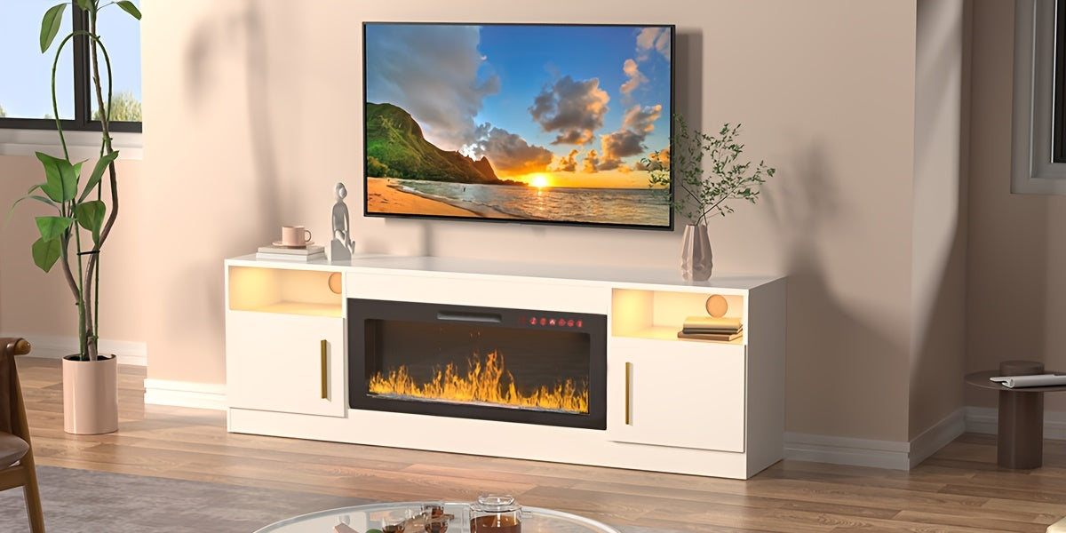 Modern LED Fireplace TV Stand, 36" Electric Fireplace Entertainment Center with Storage Shelves, Metal and Wood Construction, Assembly Required, Fits Up to 80" TVs - White