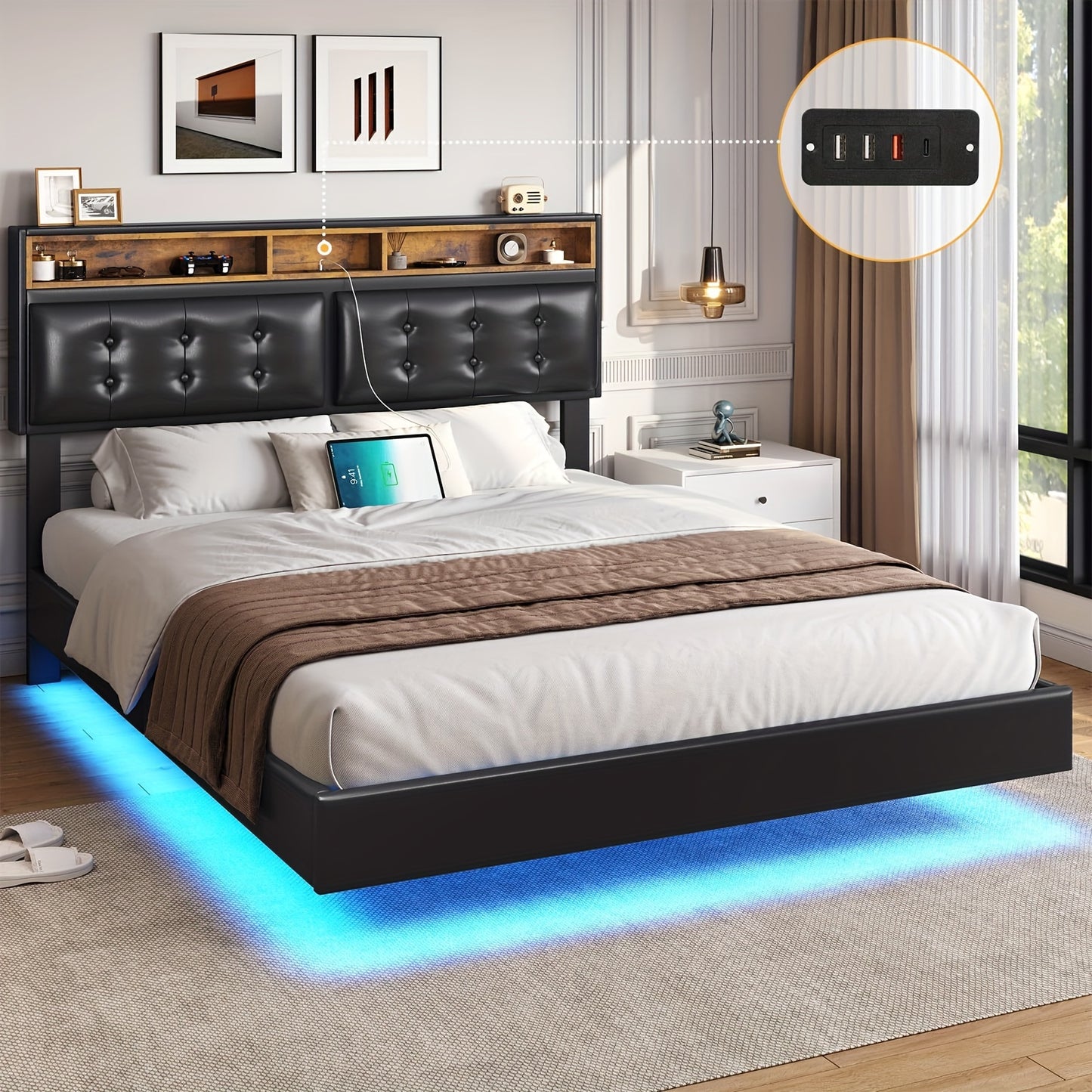 Full Floating Bed Frame With Led Lights And Charging Ports Modern Visual Floating Platform Bed Full Size With Storage And Tufted Buttons Headboard, Faux Leather, No Box Spring Needed, Black