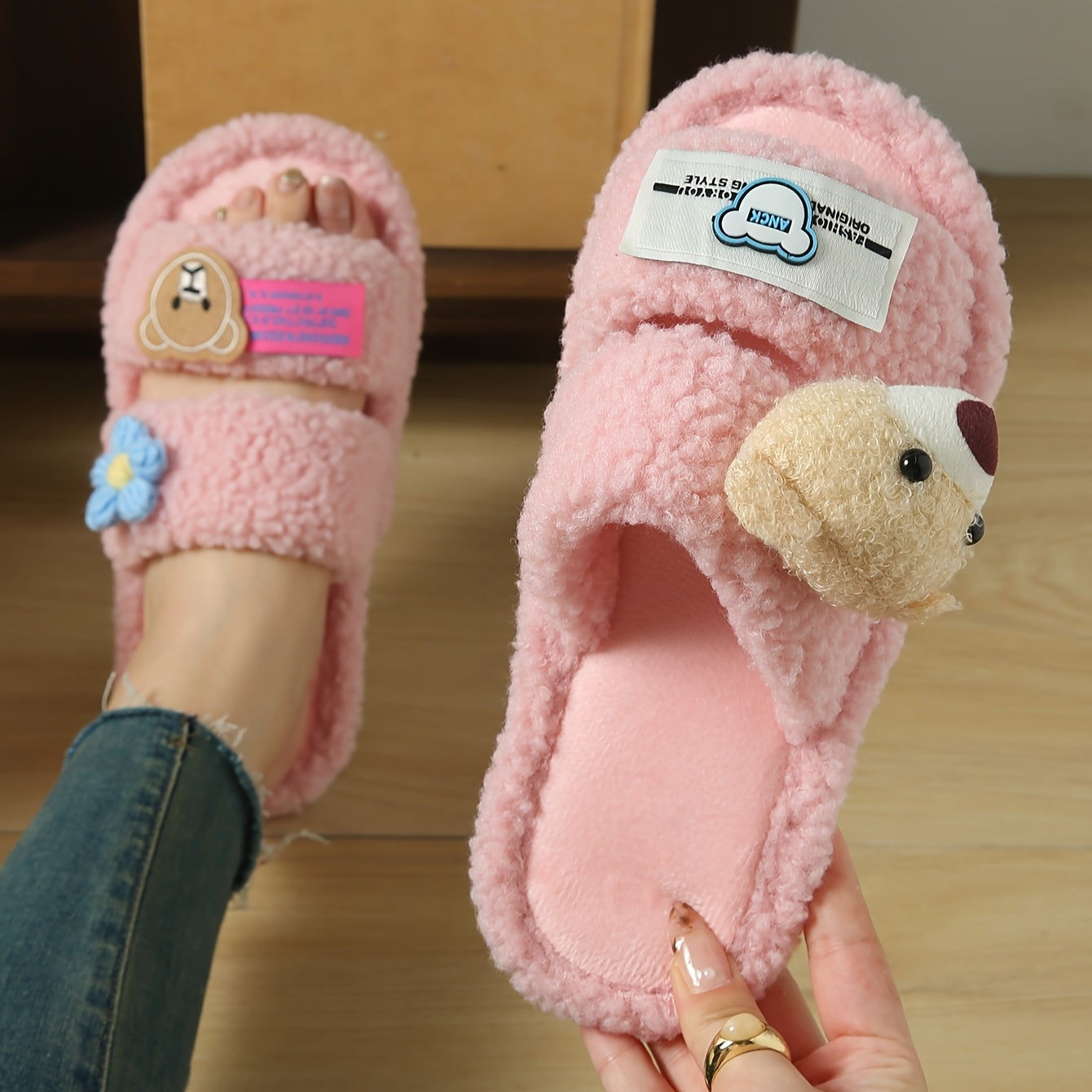 New Autumn And Winter Women'S Fluffy Slippers Designed in Dopamine Colors with Cartoon Bear Patches And Flat Non-Slip Soles.