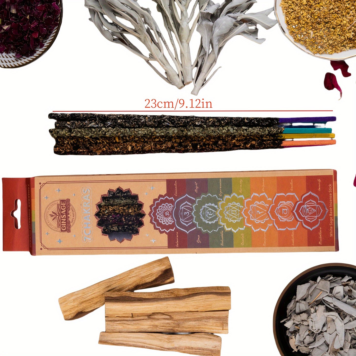 The Herbal Incense Stick Seven Chakra Series Is Made of White Sage, Peruvian Holy Wood, Blue Sage, Rosemary, Lavender, Eucalyptus Leaves, Osmanthus, Cinnamon, And Dark Red Roses (Due to Long-Distance Transportation, The Dregs