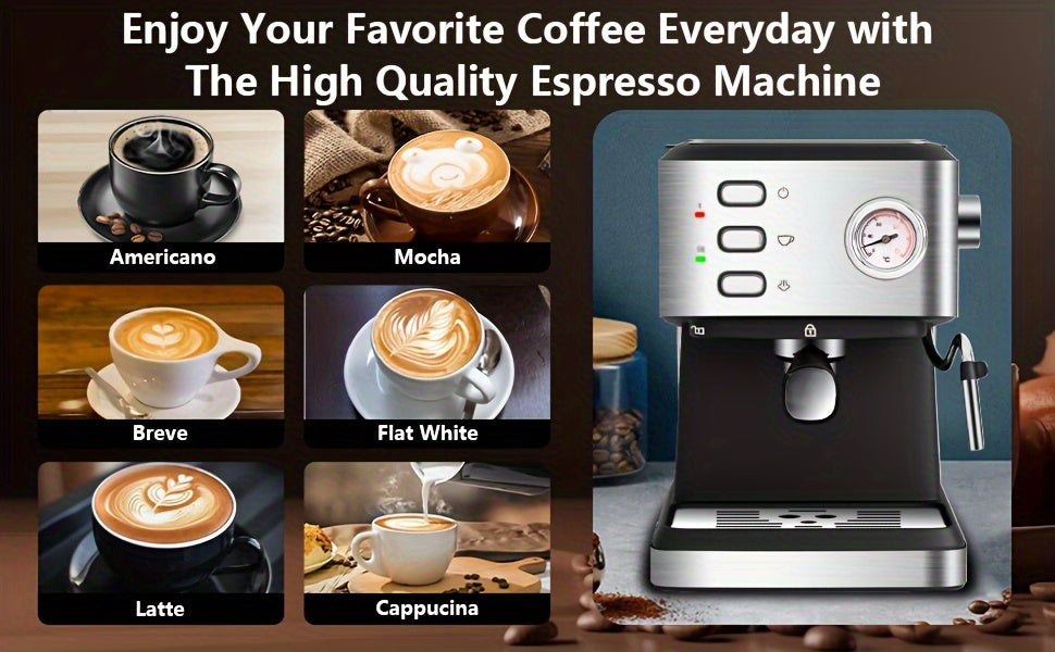 Espresso Machine 20 BAR, Cappuccino & Latte Machine With Built-In Milk Frother, One-Touch Single Or Double Shot, 1.5L Water Tank, Stainless Steel, Intelligent Temperature Control With Build-in Thermometer